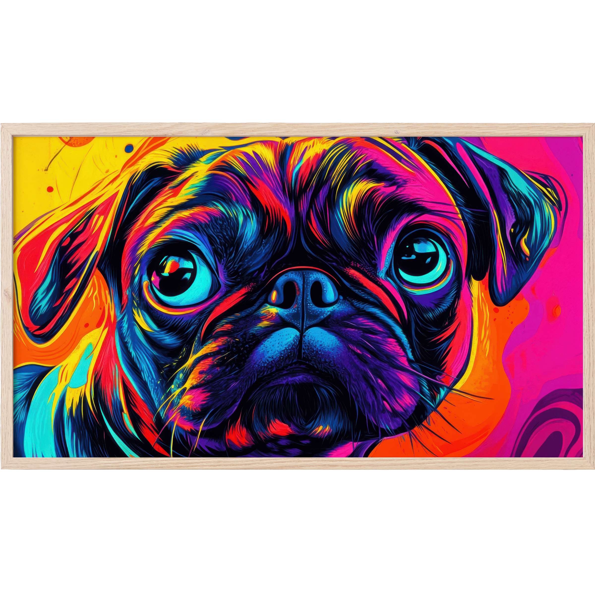 Vibrant pop art Frame TV Art of a pug in electric blues, pinks, yellows, and oranges with sleek modern detail