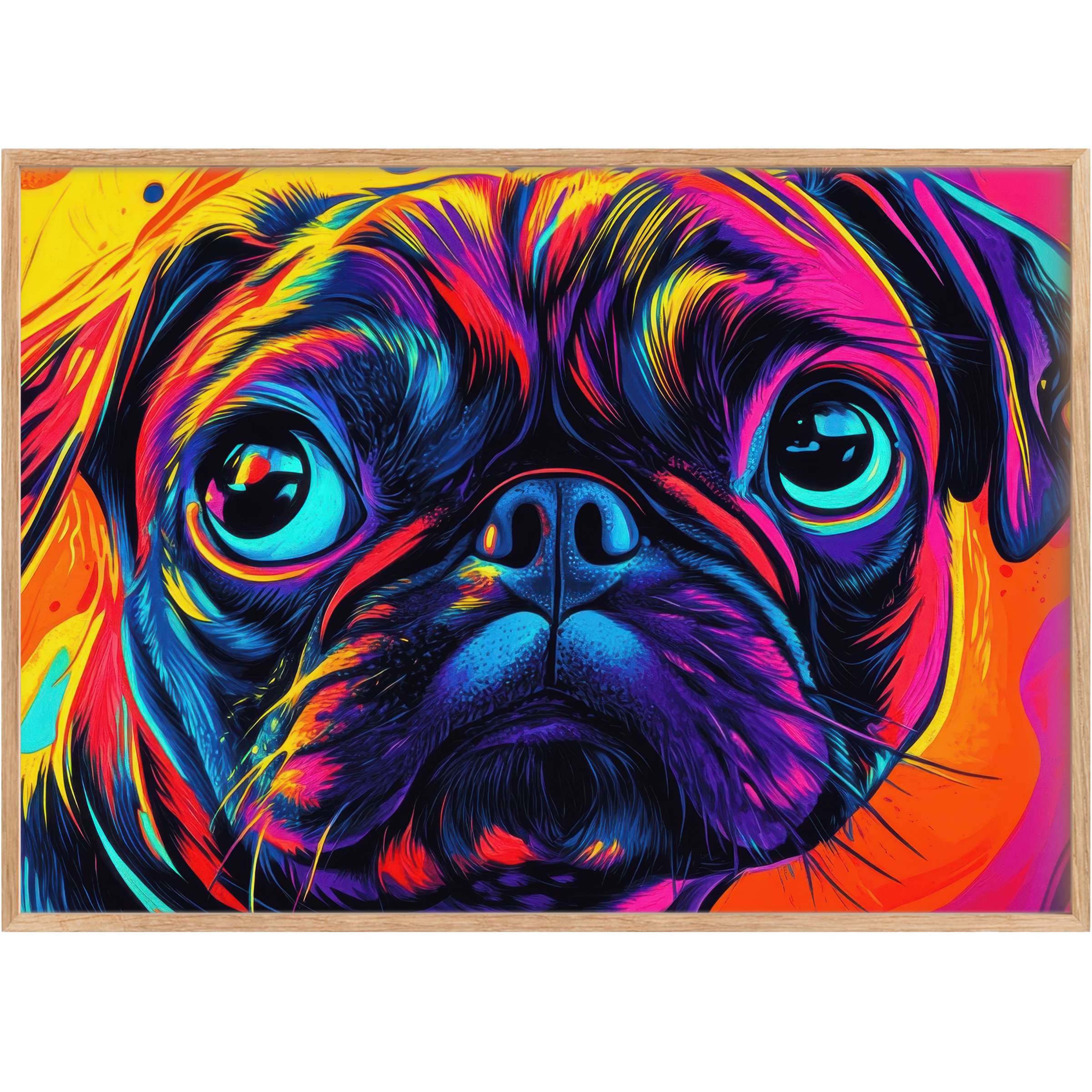 Vibrant pop art printable wall art of a pug in electric blues, fiery oranges, and hot pinks, infusing spaces with bold, joyful energy