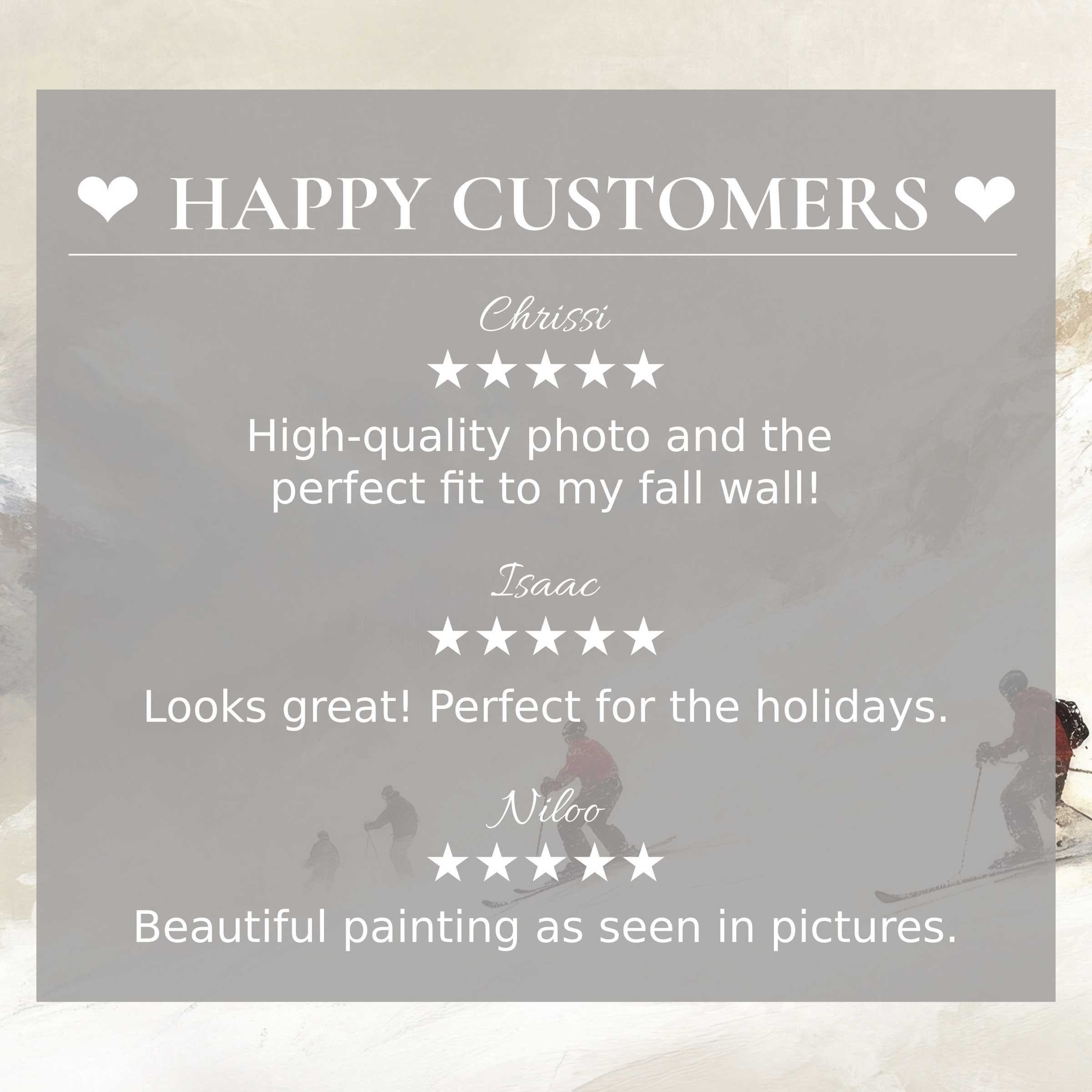 Winter art for Frame TV with misty mountain skiers backdrop, showcasing happy customer reviews and elegant style