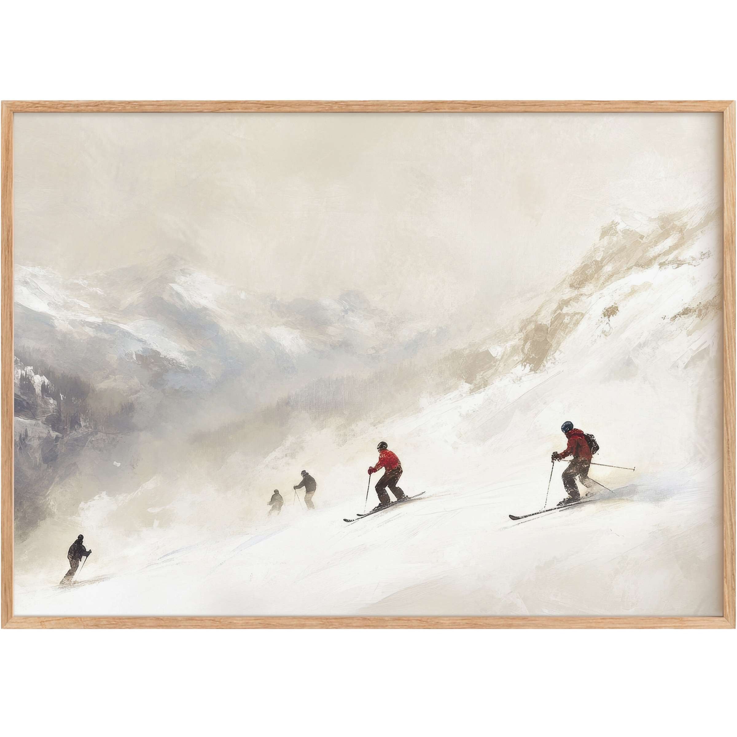 Winter printable wall art capturing serene alpine slopes in soft whites and muted greys, with vibrant red accents evoking exhilarating adventure and calm refinement