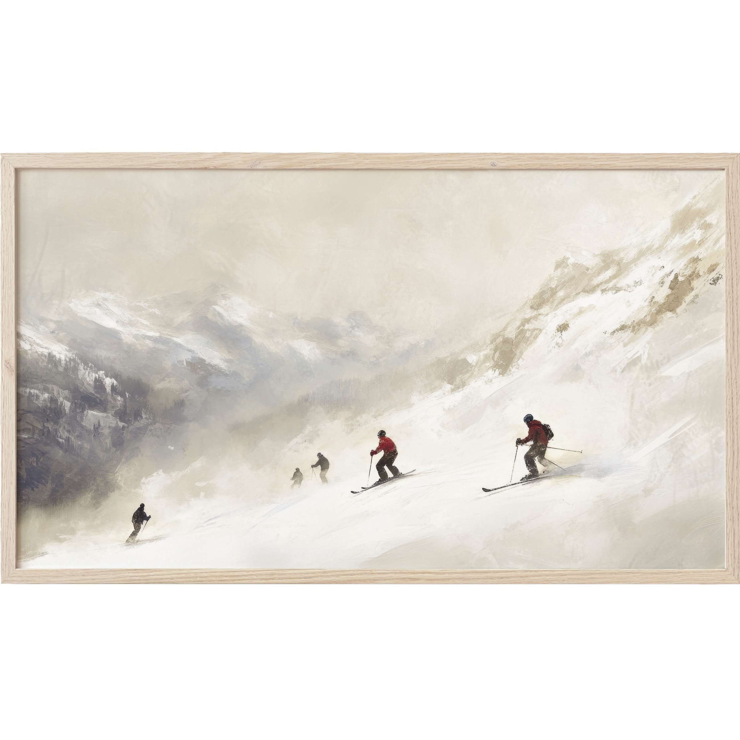 Elegant winter Frame TV Art depicting skiers in muted whites and grays with soft, modern brushstrokes and red accents