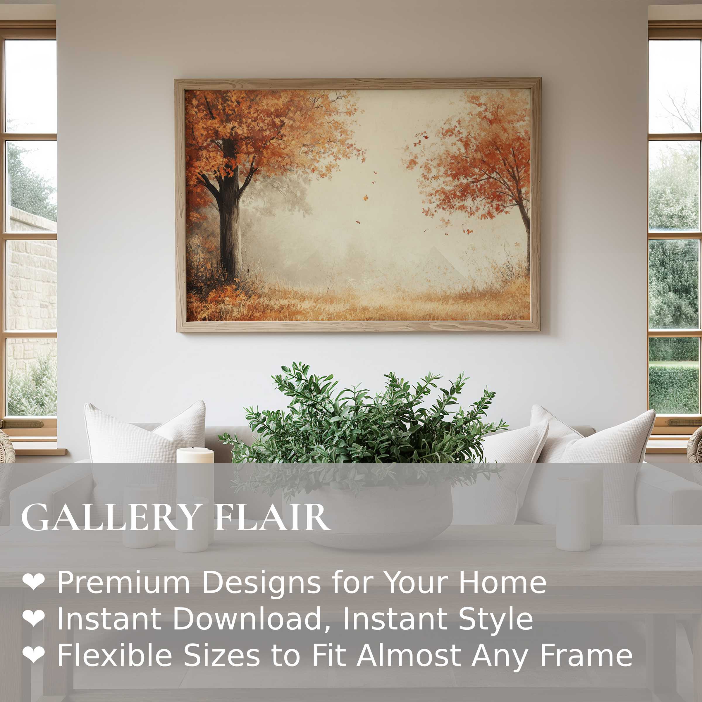 Fall wall art print featuring radiant orange autumn trees in a serene, minimalist living room, enhancing warm modern decor