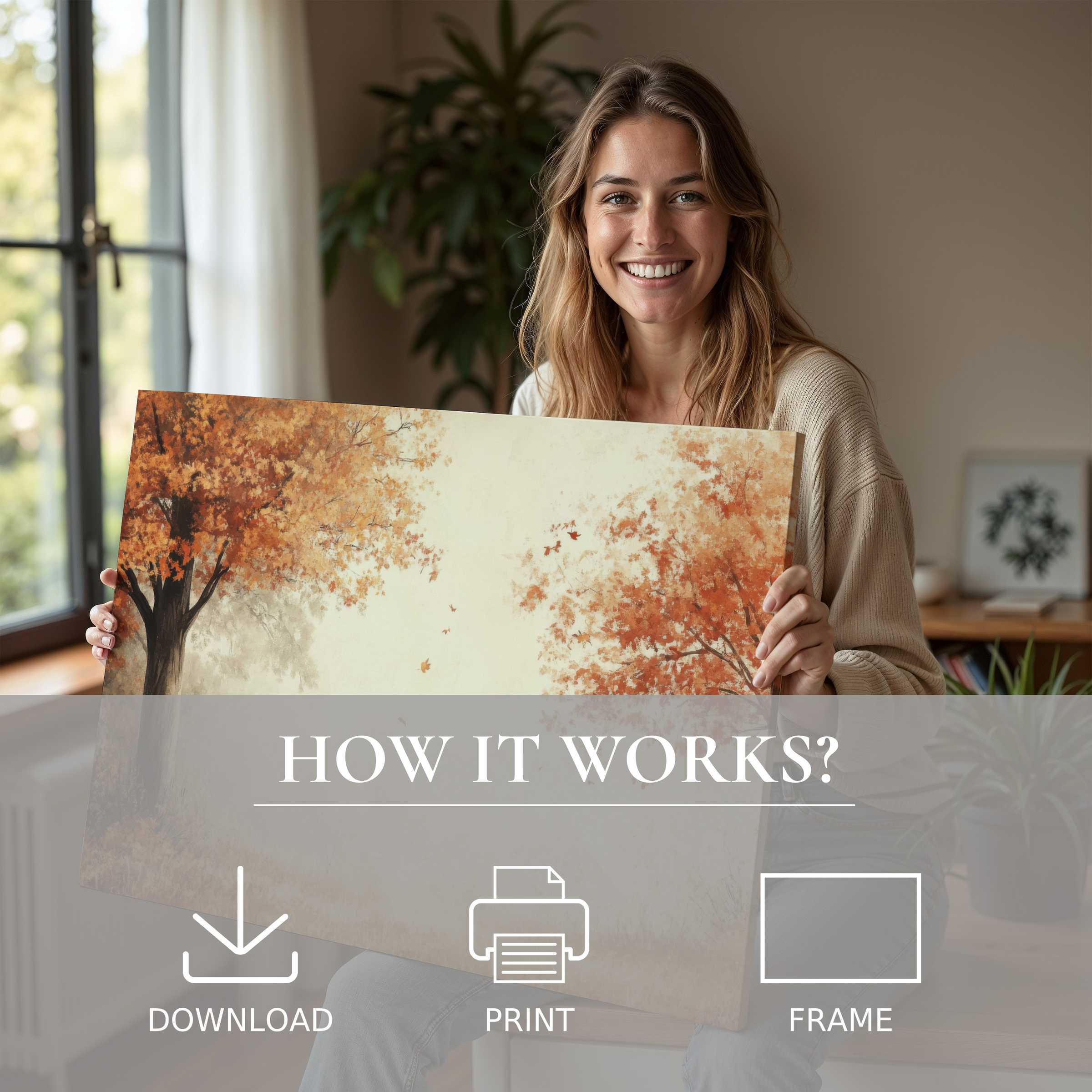 Refined fall digital art print radiates warmth as it transforms a modern home, evoking joy through effortless, elegant living with art