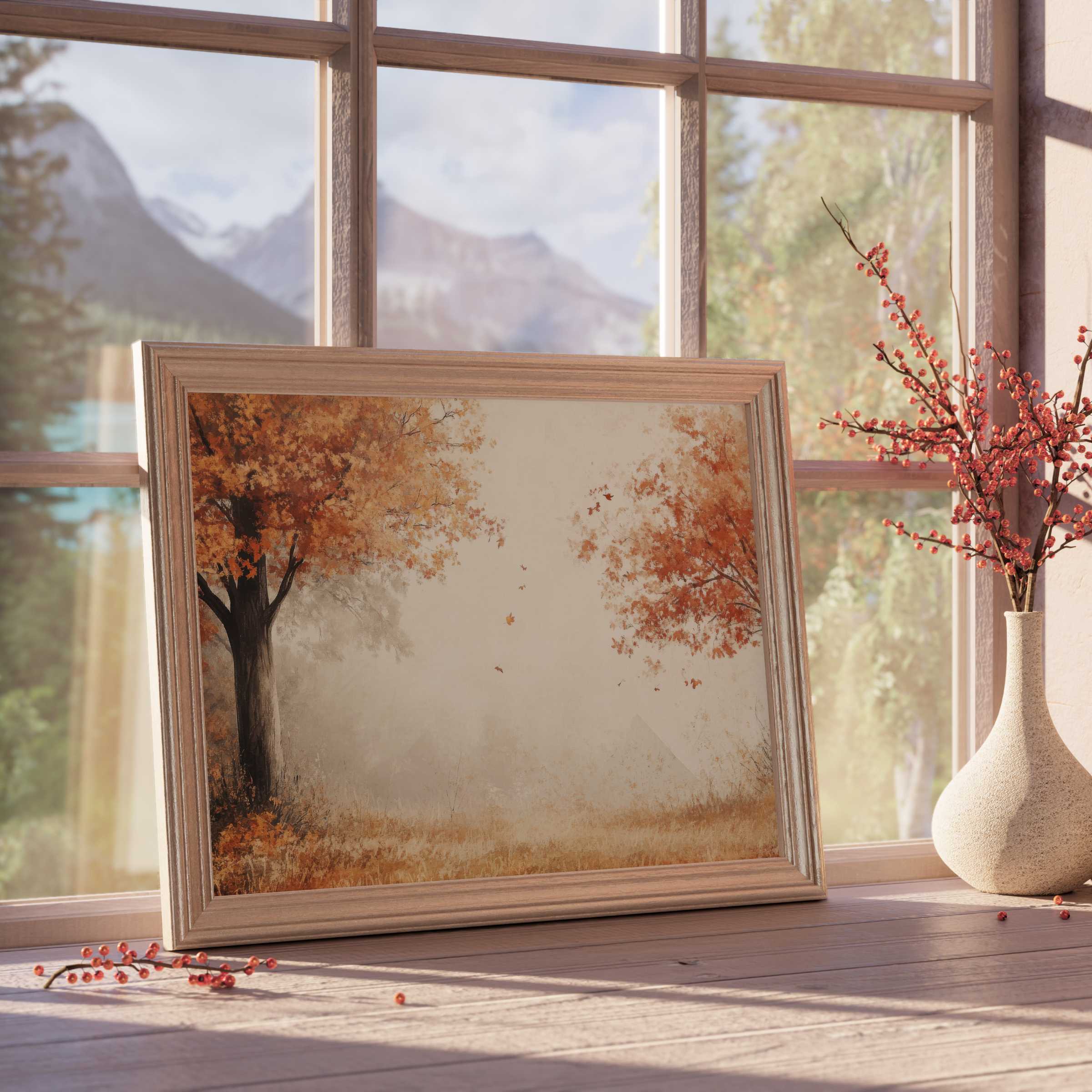 Fall downloadable art capturing tranquil autumnal serenity with warm amber hues, perfect for curated, design-forward interiors