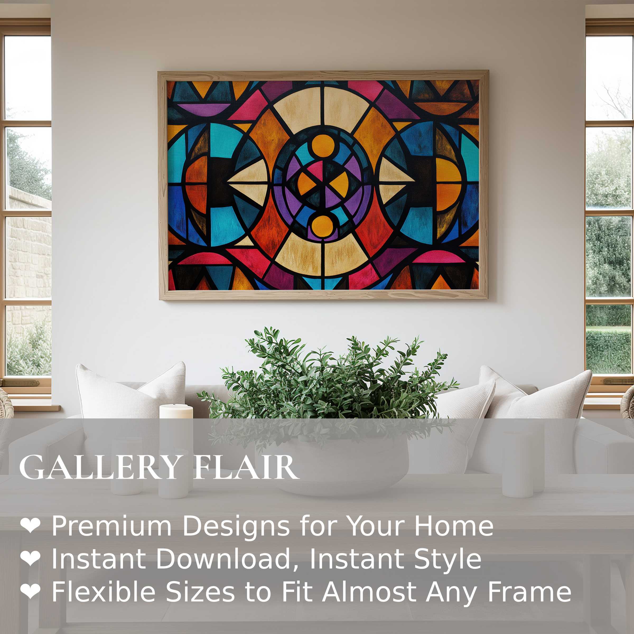 Vibrant boho wall art print featuring bold geometric patterns in rich jewel tones, enhancing modern minimalist living spaces with radiant, dynamic energy