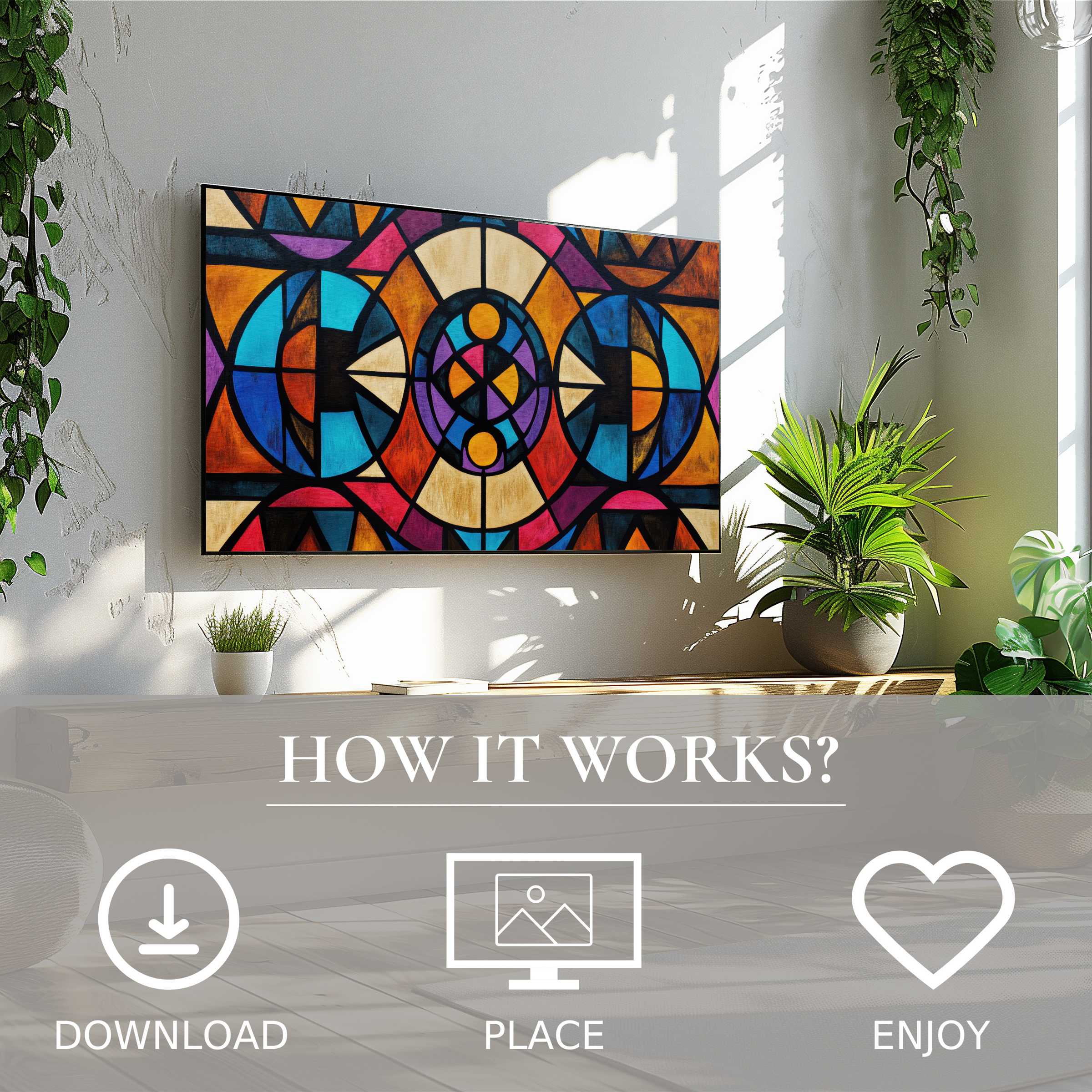 Boho art for Samsung TV with vibrant geometric motif, easy digital download enriching modern living spaces with style