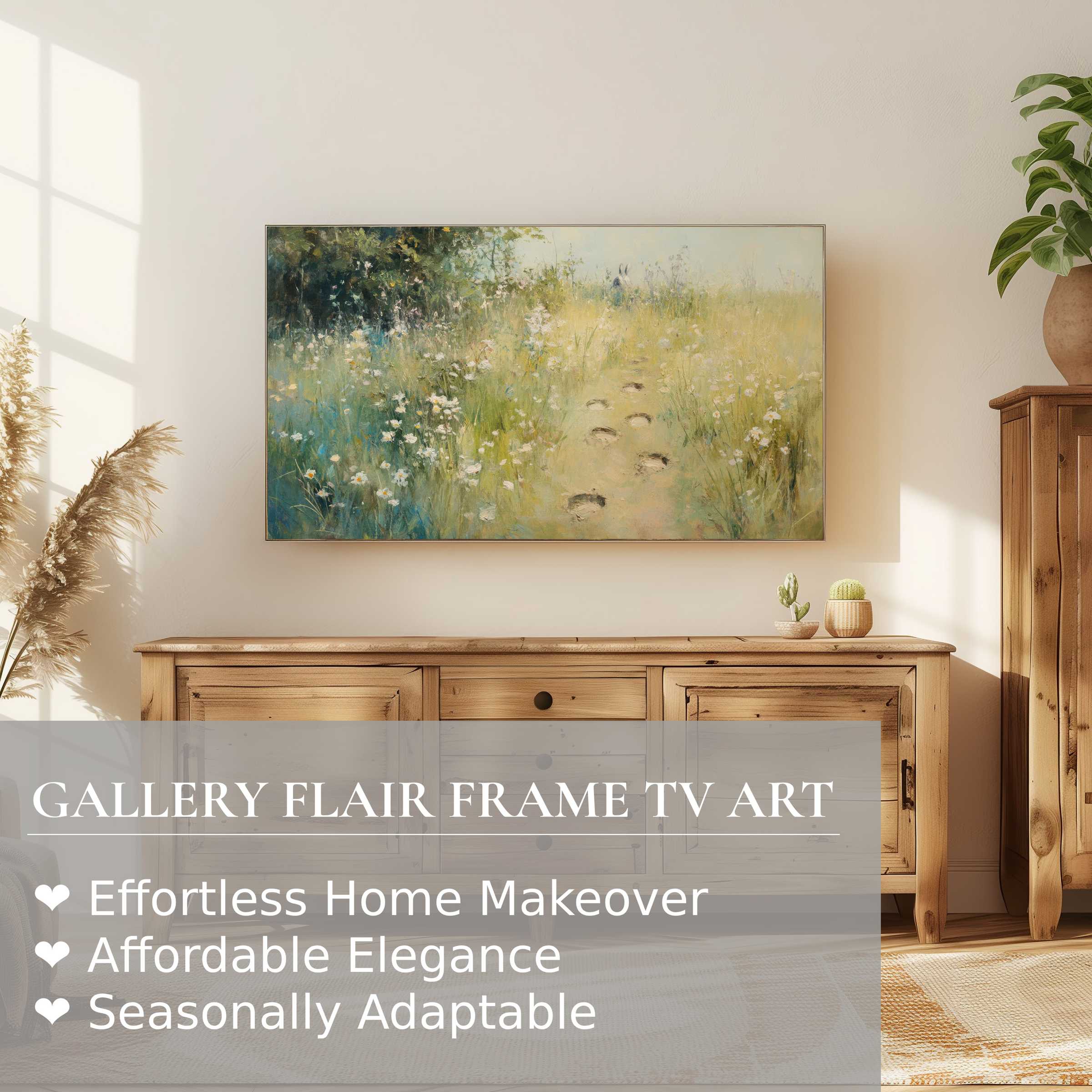 Samsung Frame TV displays serene easter digital artwork in a sunlit, elegant wood-accented modern living room