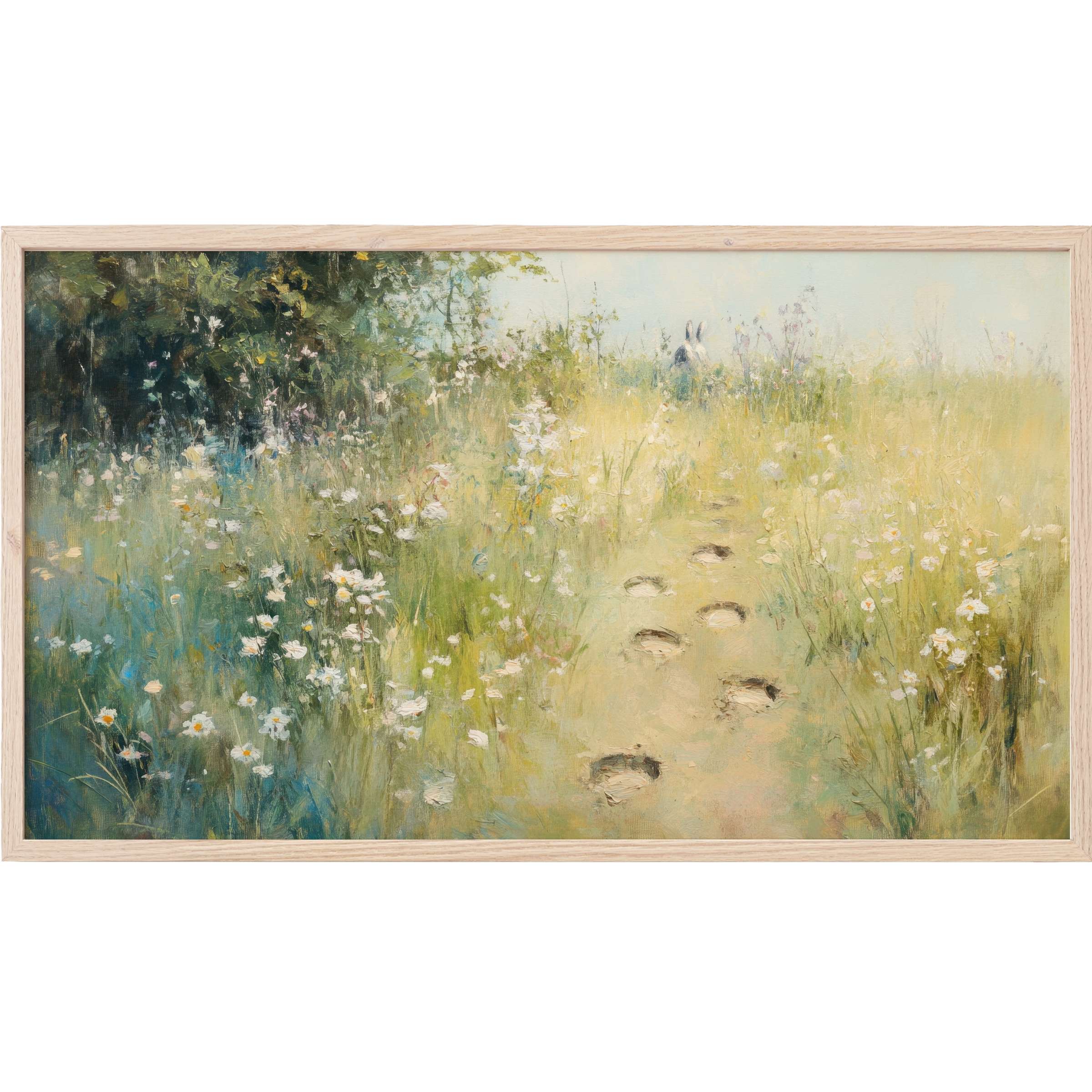 Elegant spring meadow scene with delicate daisies and soft hues, featuring a hidden rabbit - easter Frame TV Art