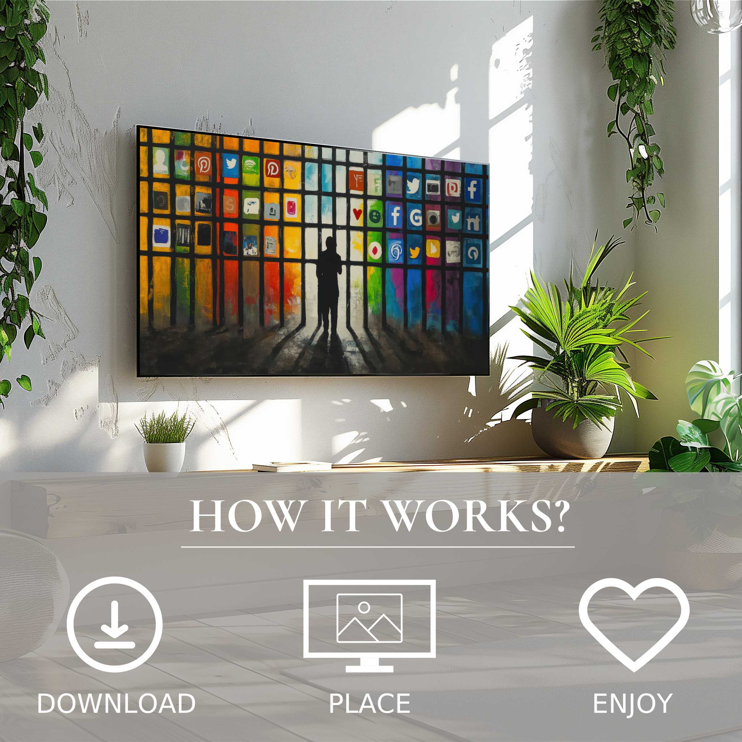 Modern living room with vibrant street art for Samsung TV showing colorful app icons and silhouette, easy digital download