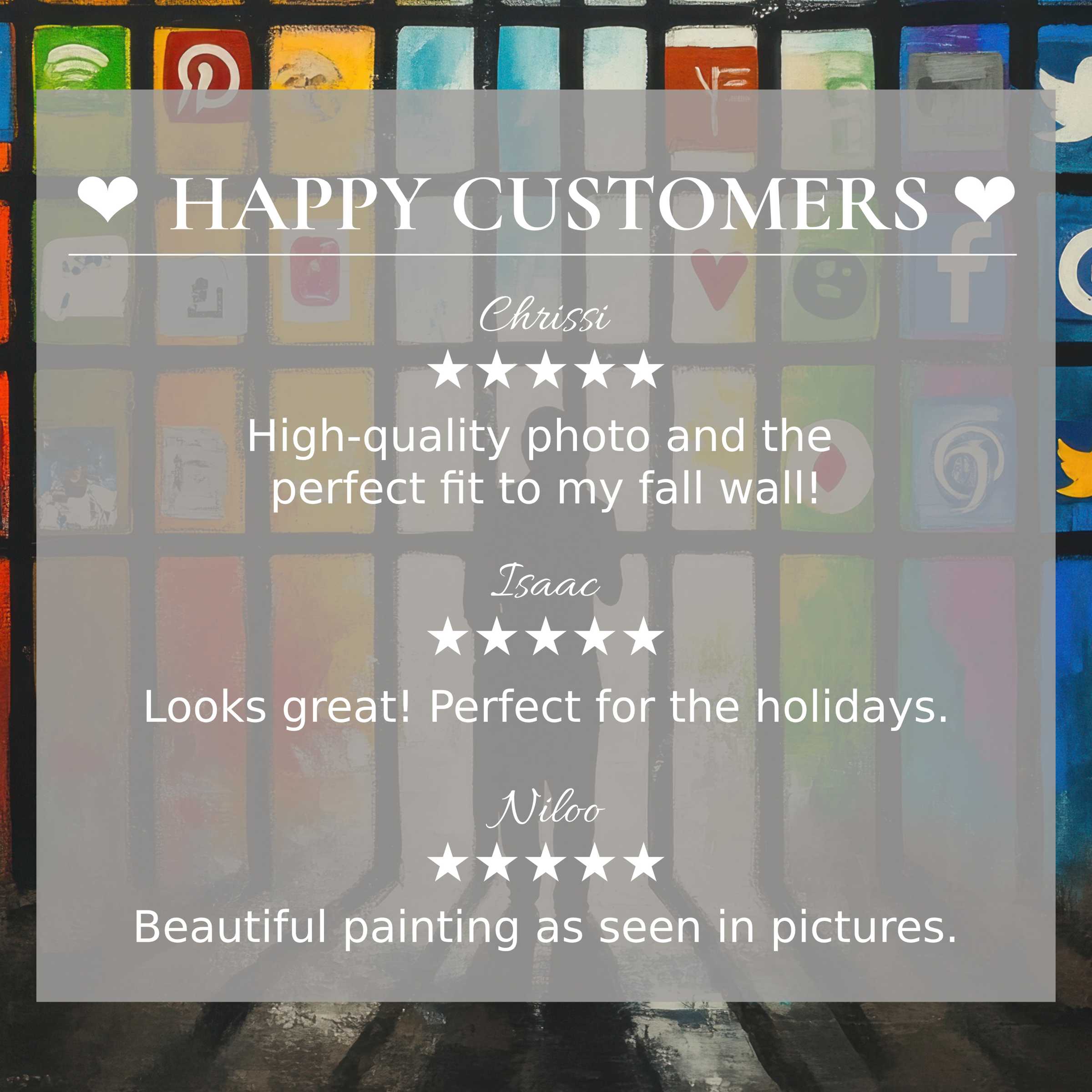 Street art for Frame TV with abstract sunset hues, showcasing a happy customer reviews layout that inspires trust
