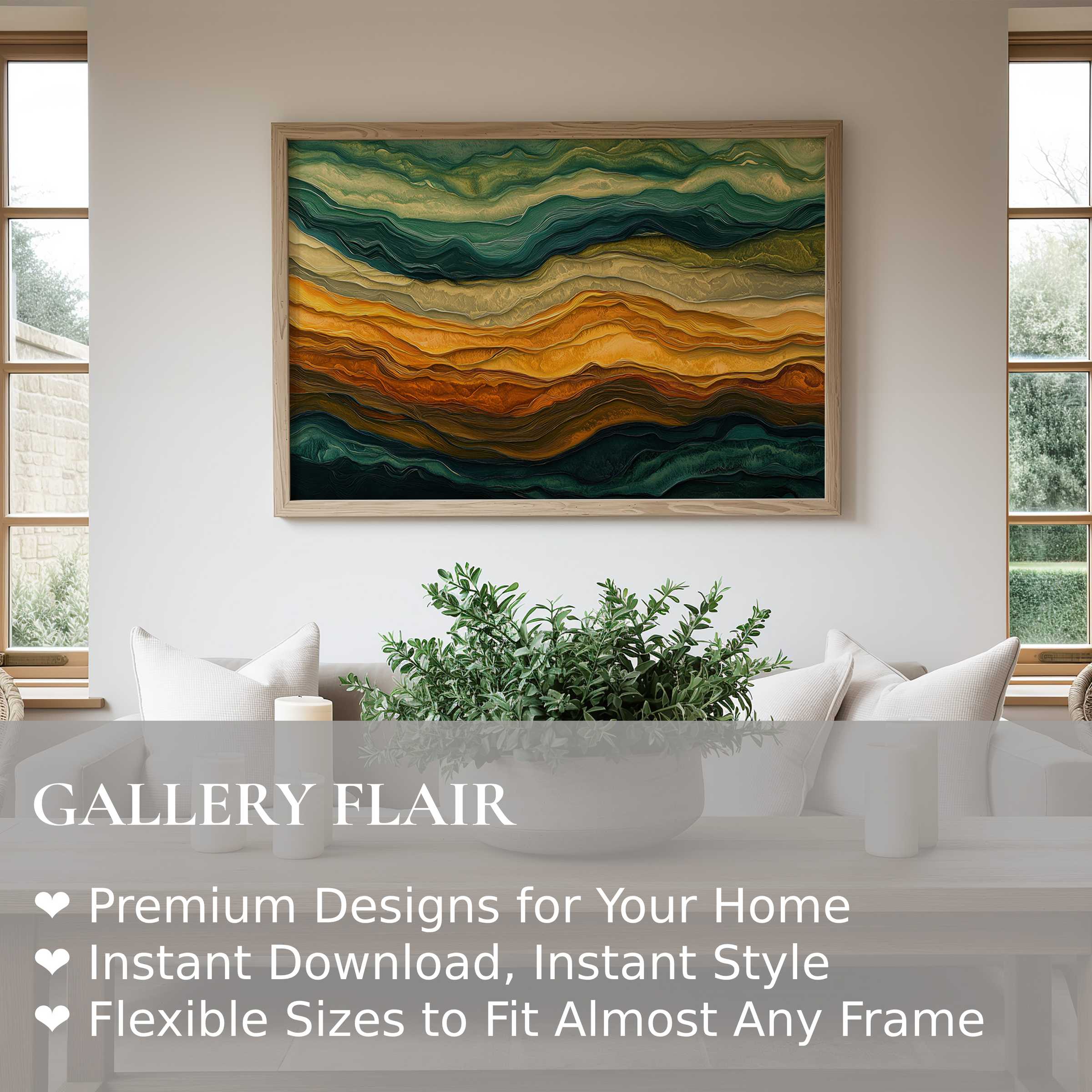Abstract wall art print featuring layered earthy tones of green and amber, adding bold sophistication and warmth to modern minimalist interiors