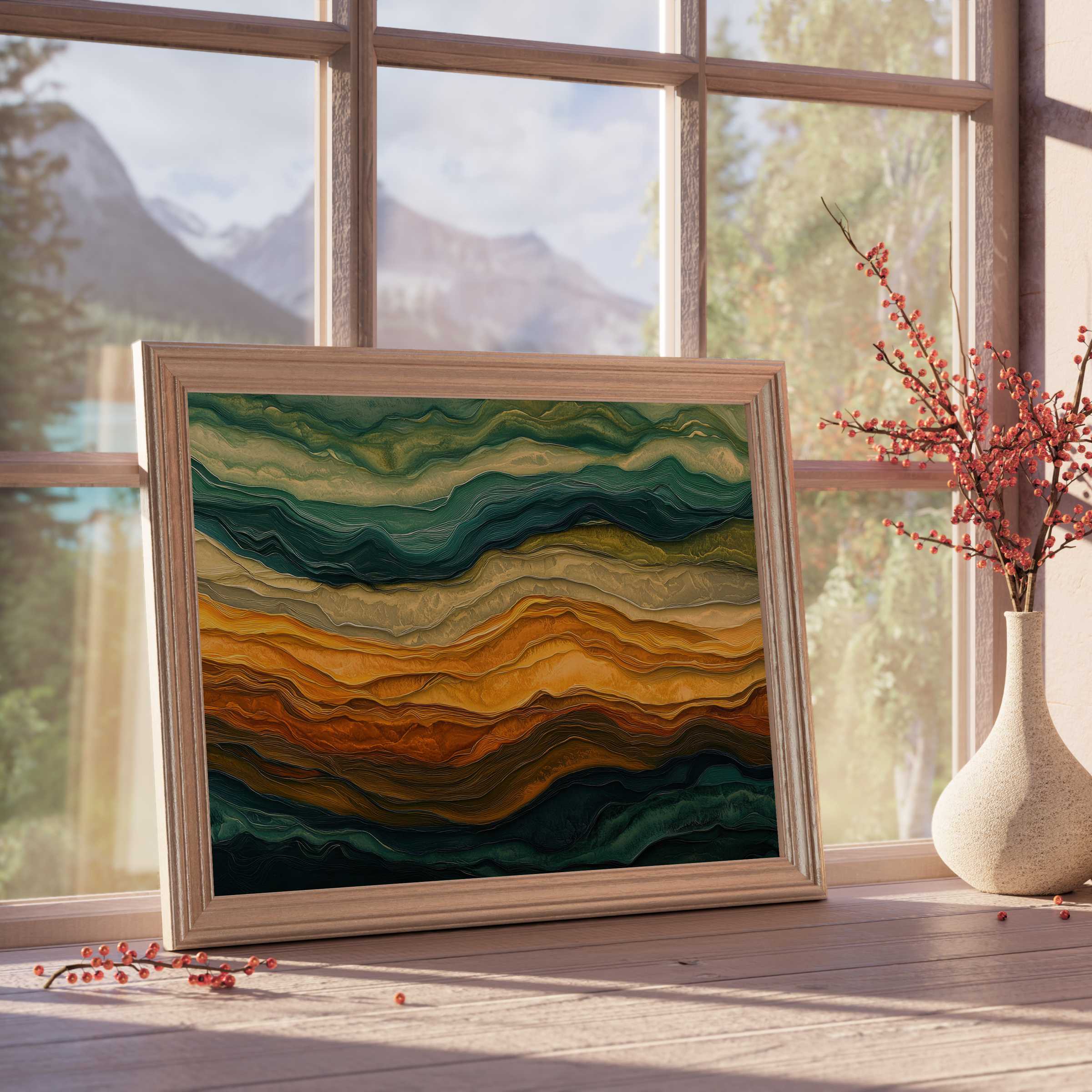 Luxurious abstract downloadable art in earth tones, evoking serene depth and organic rhythm for curated, tranquil interiors