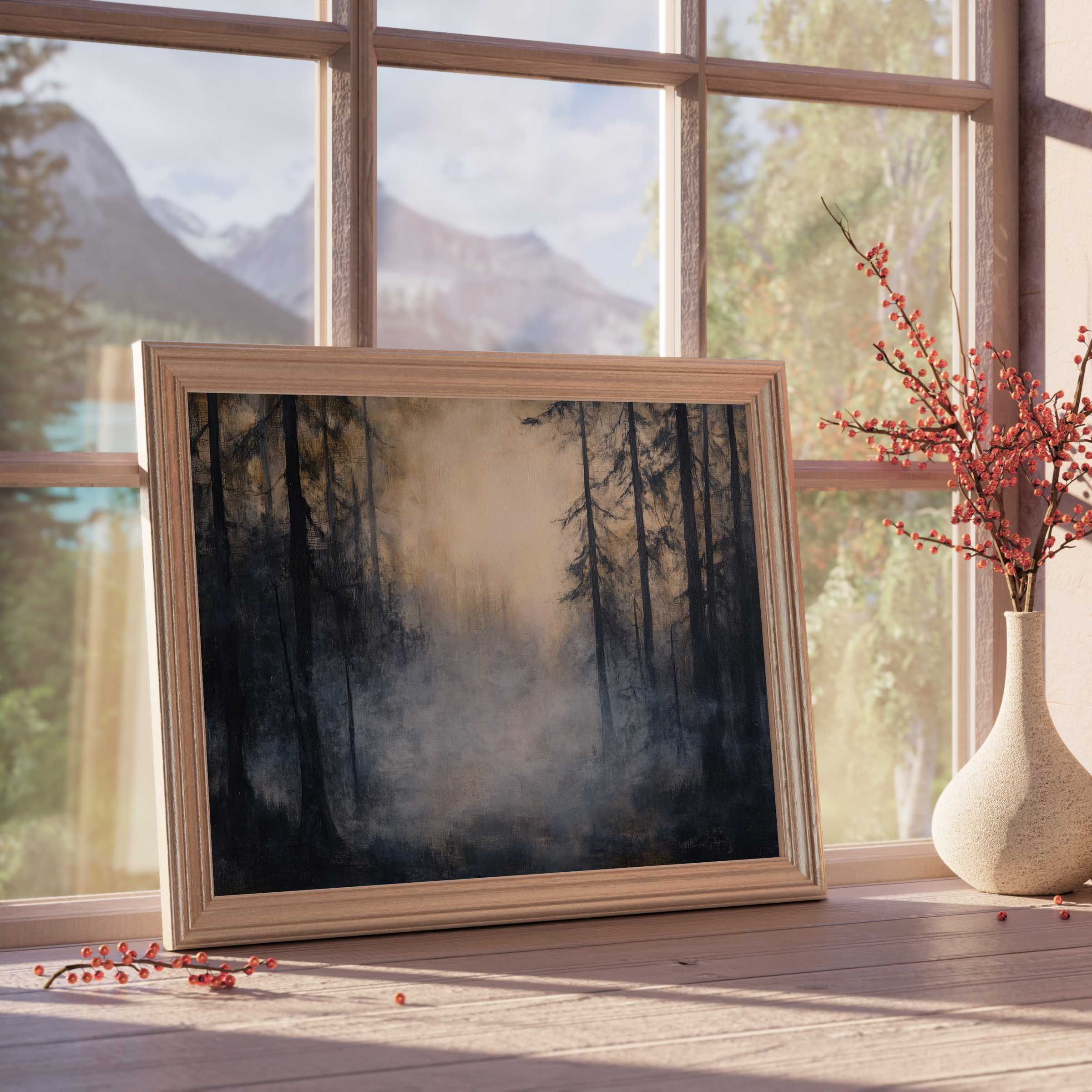 Halloween downloadable art capturing a mysterious foggy forest scene, adding moody elegance to curated, tranquil interiors
