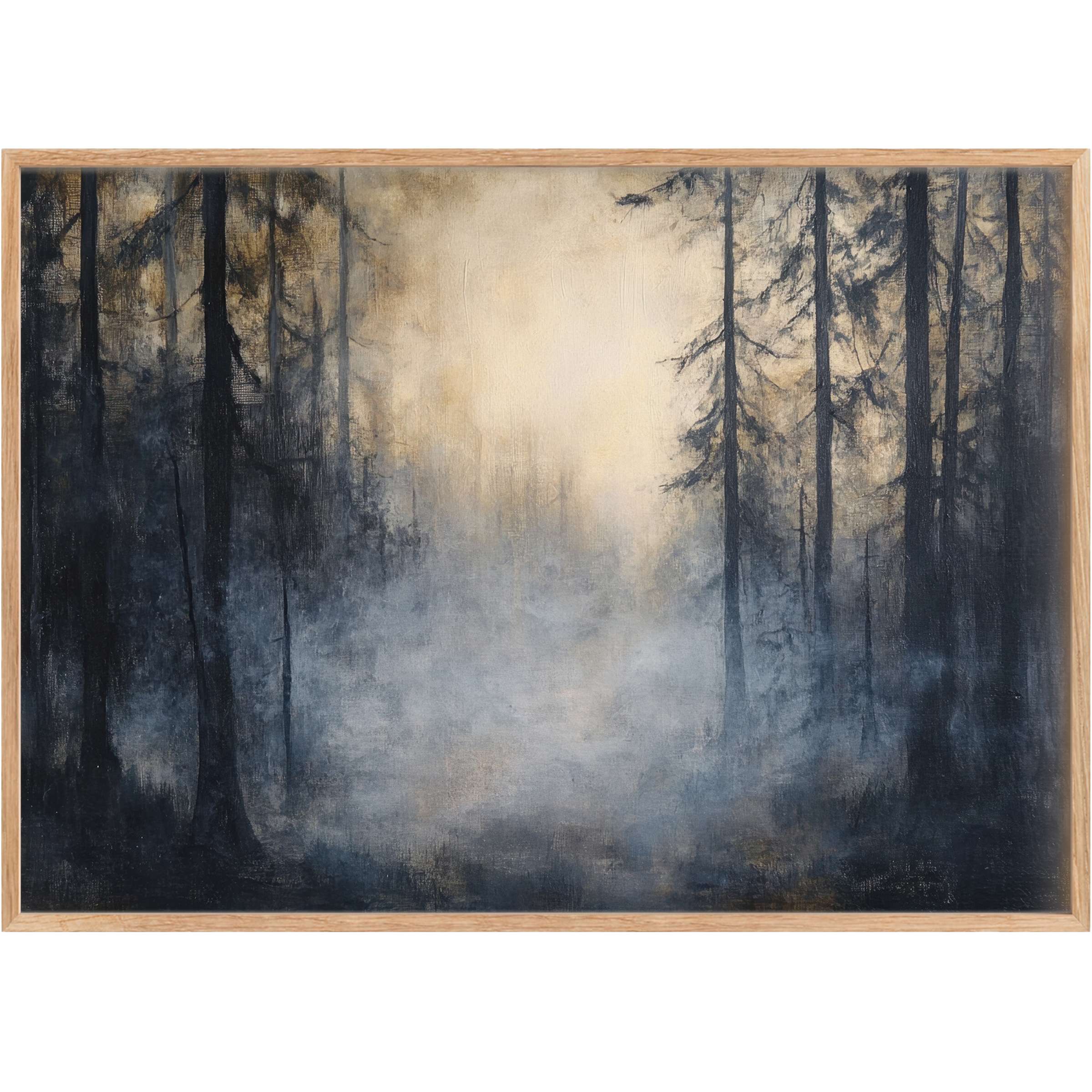 Ethereal halloween printable wall art casting deep blues and warm ambers, evoking a mysterious, serene forest dusk ambiance