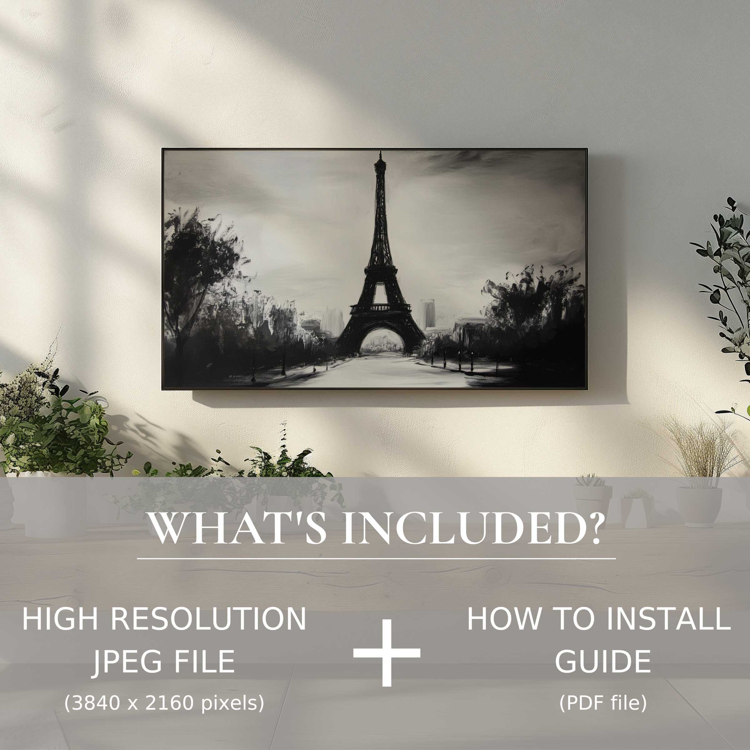 Elegant black and white digital TV art download of Eiffel Tower, easy to use, elevates modern living spaces with timeless style