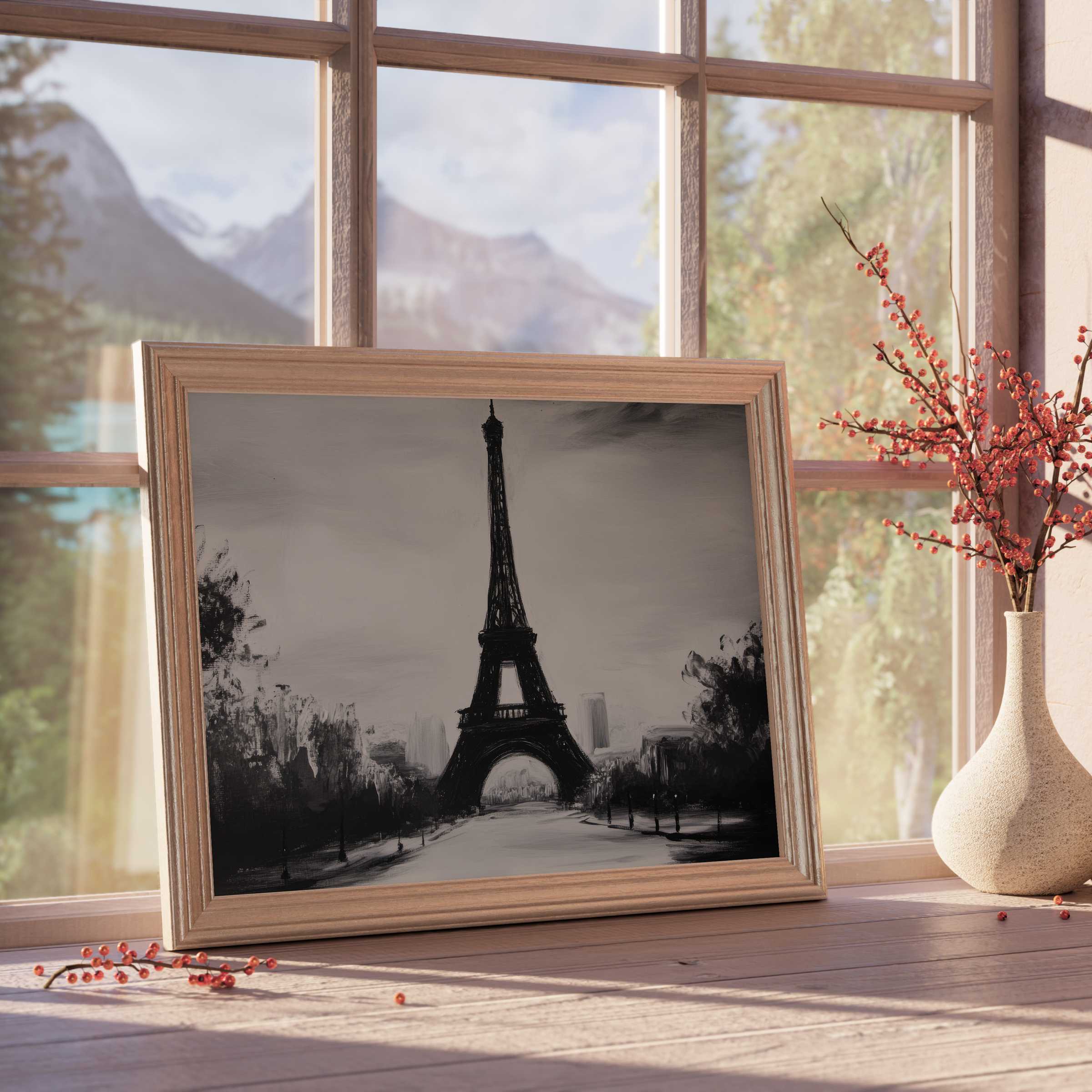 Black and white downloadable art capturing the Eiffel Tower’s timeless elegance, perfect for curated, serene, design-forward interiors