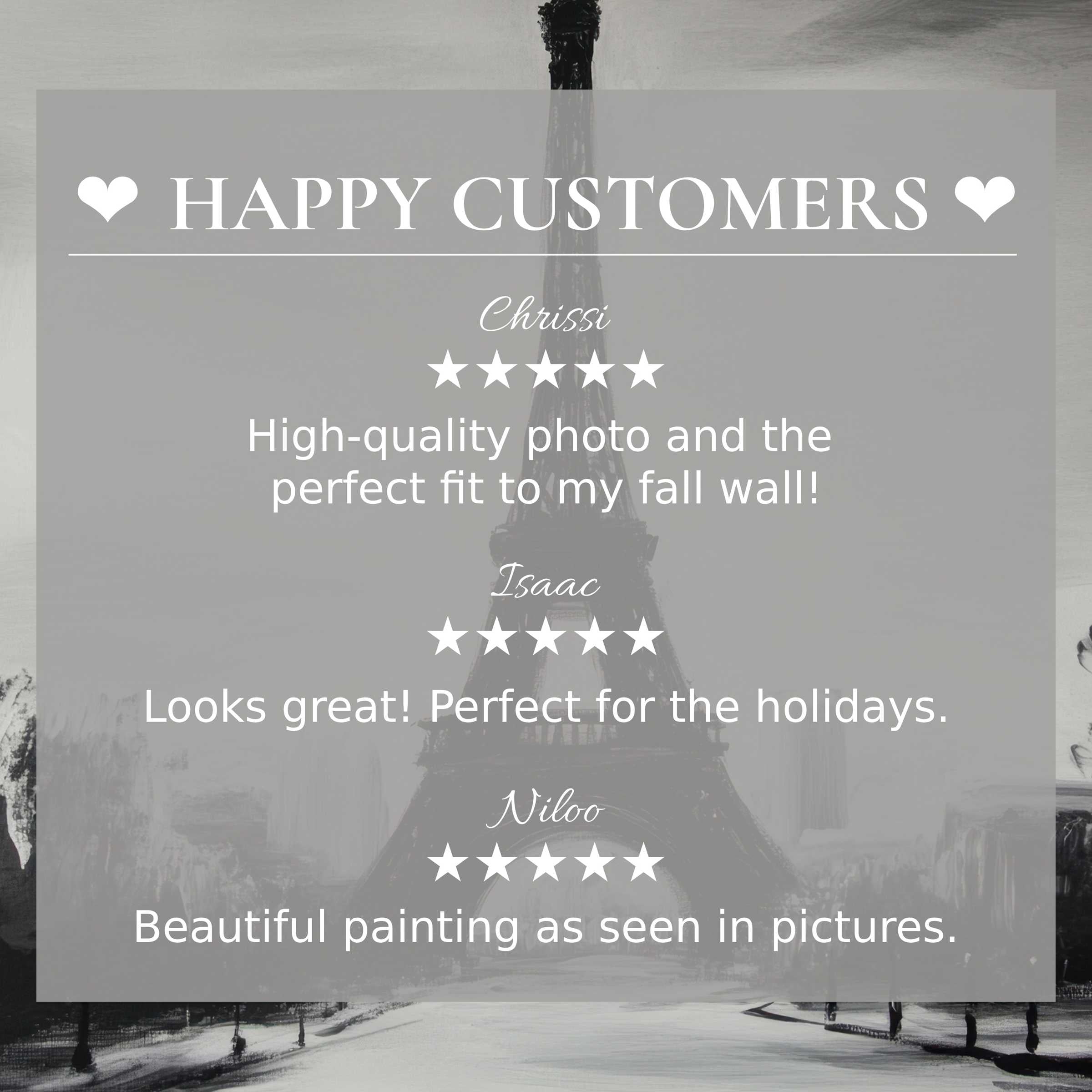 Elegant black and white art for Frame TV with a Parisian backdrop, showcasing happy customer reviews and refined style
