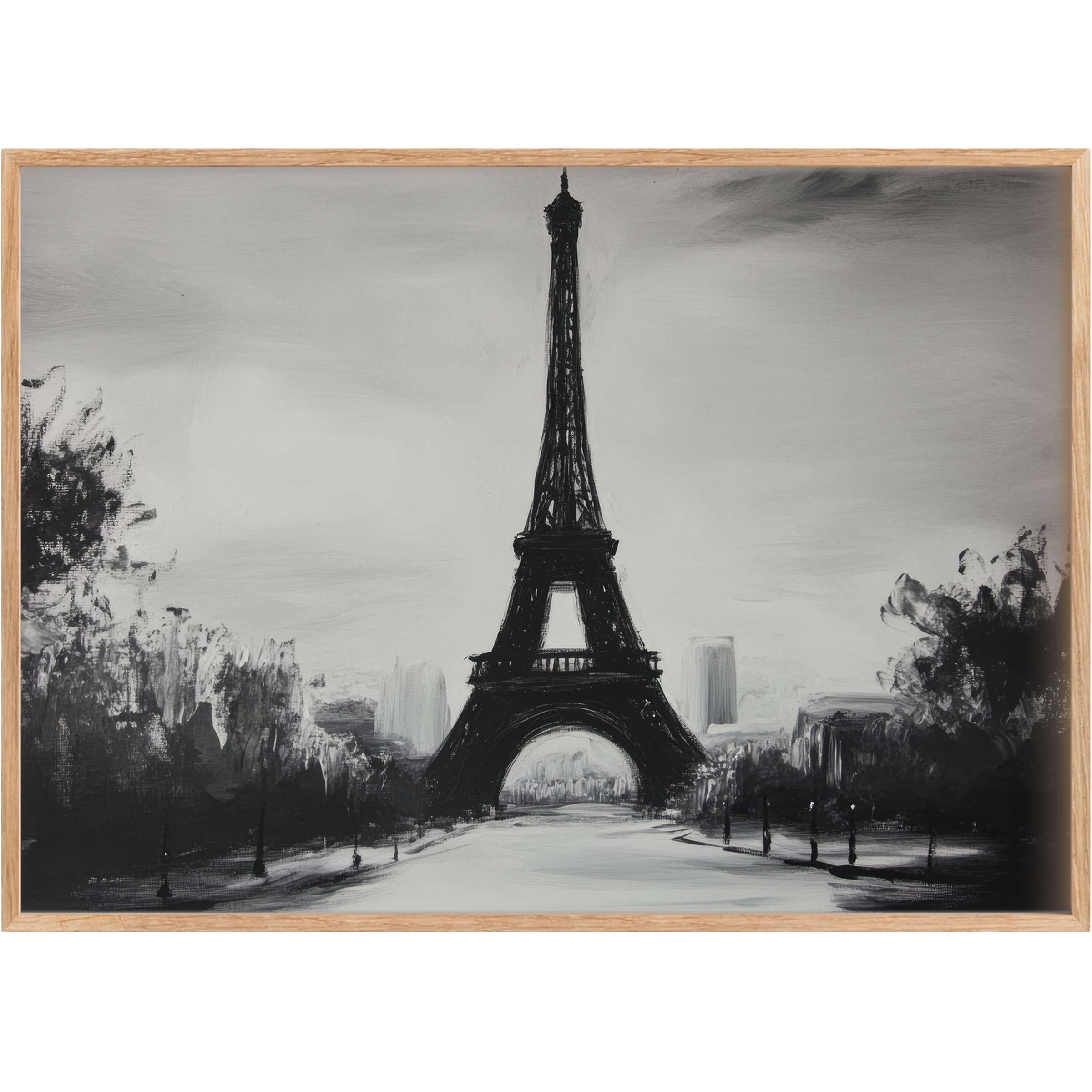Elegant black and white printable wall art capturing the Eiffel Tower in a serene, timeless Parisian atmosphere