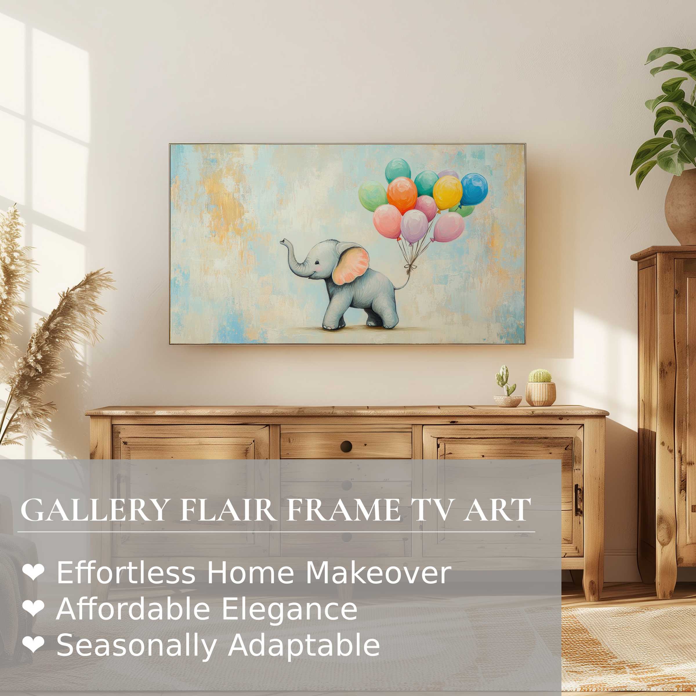 Modern nursery digital artwork of an elephant with balloons on Samsung Frame TV in warm, elegant home setting