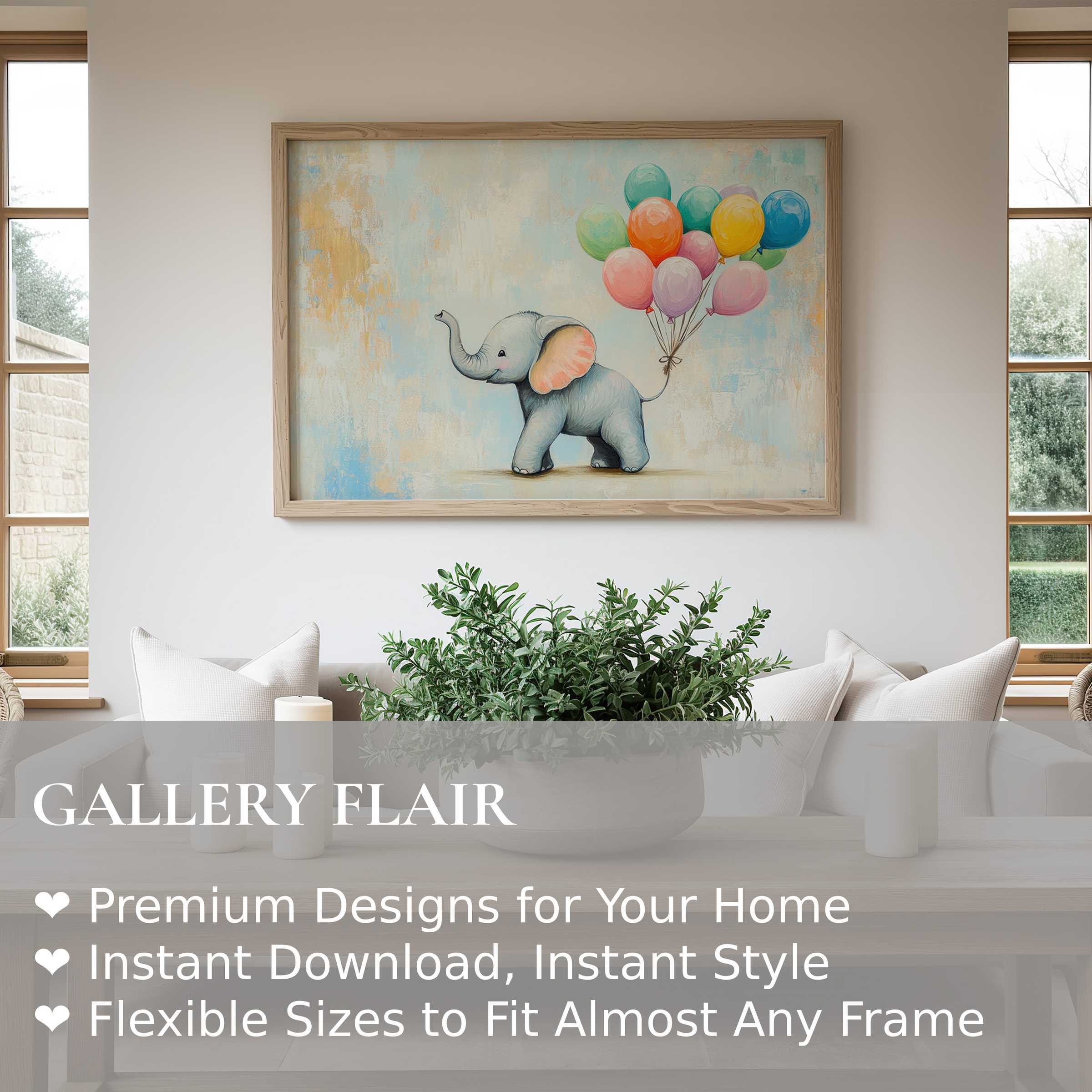 Nursery wall art print of a joyful baby elephant with colorful balloons, radiating soft, calming charm in a modern minimalist nursery