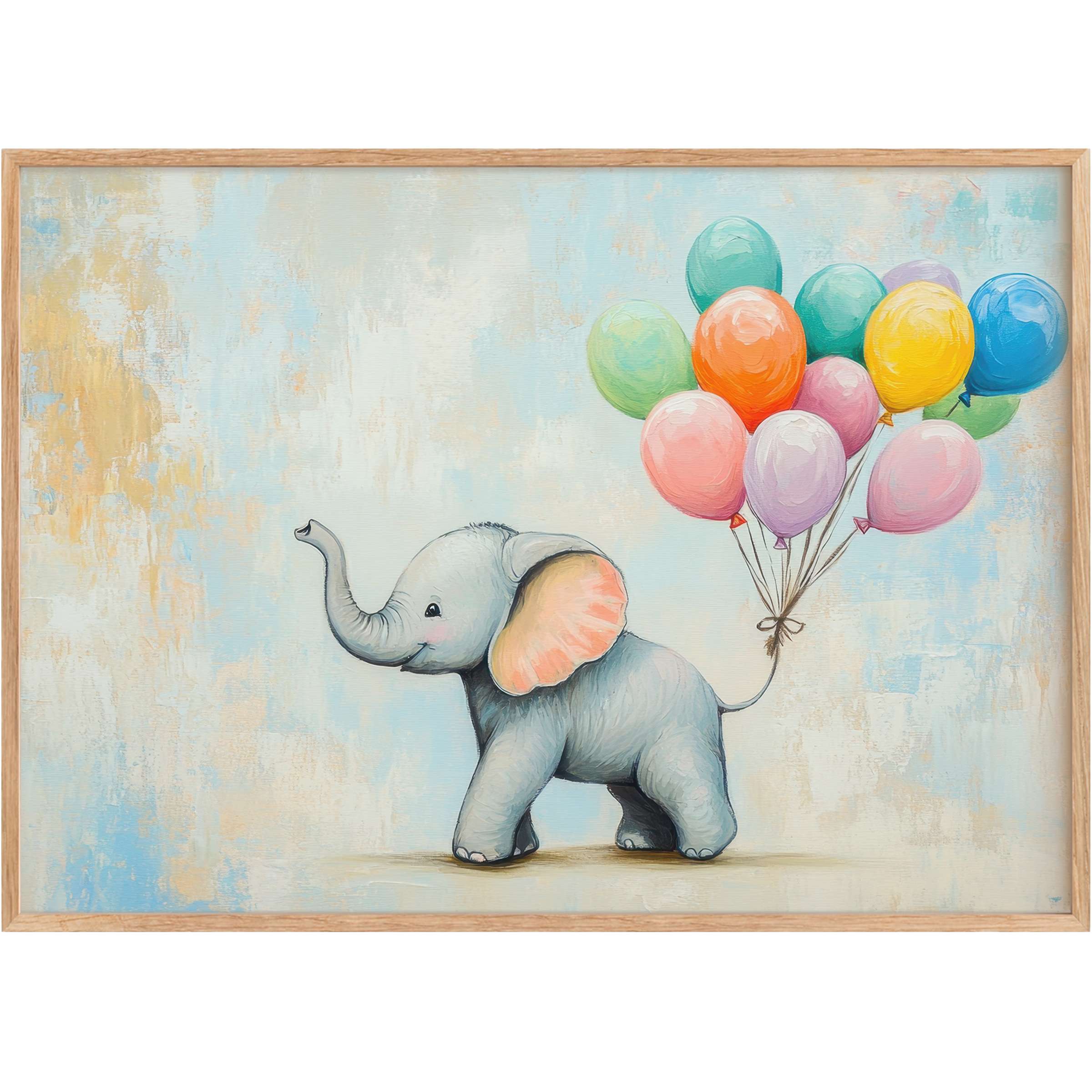 Charming nursery printable wall art featuring a joyful gray elephant with pastel balloons, creating a serene, uplifting ambiance