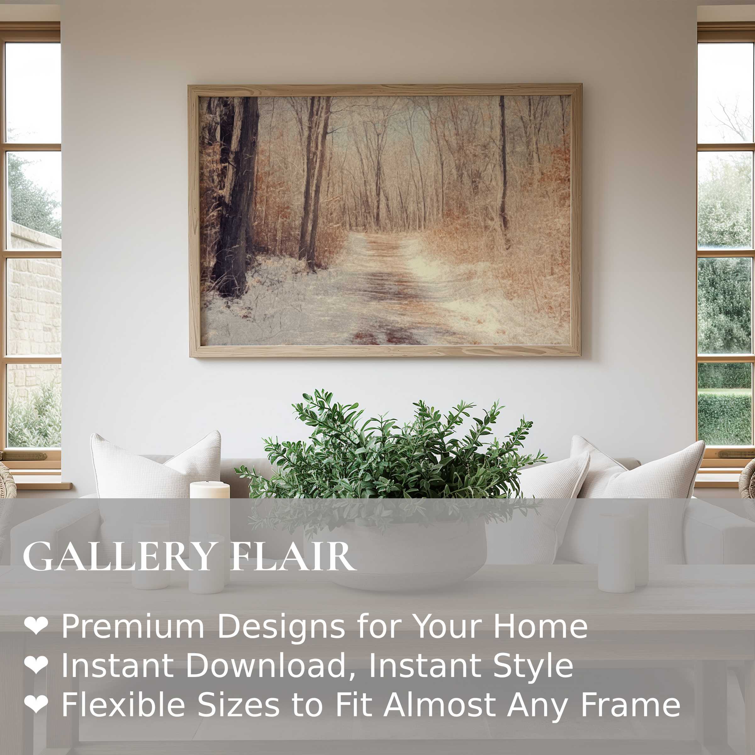 Serene tree wall art print capturing a muted winter forest path, enhancing minimalist, modern living spaces with calming natural elegance