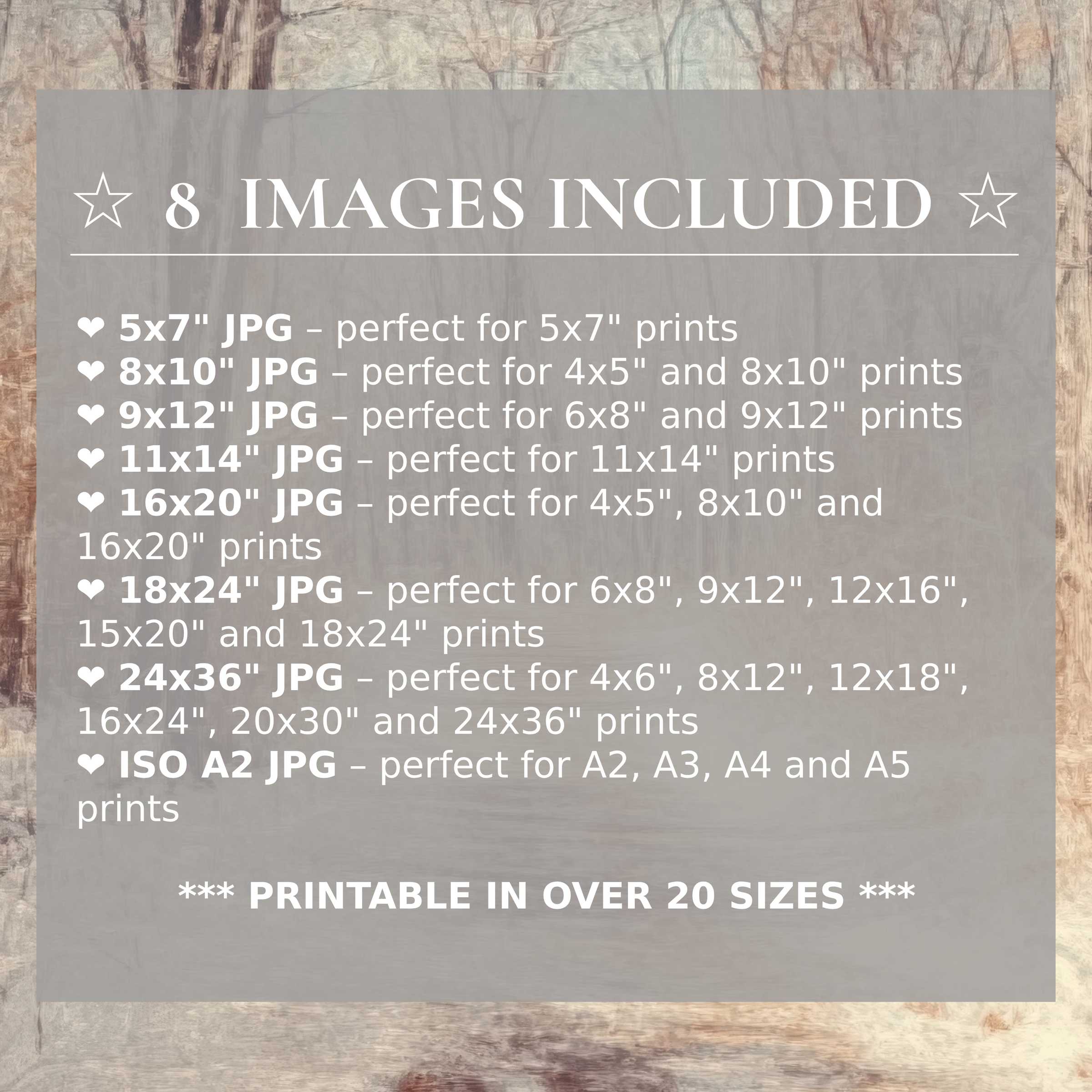 Print size guide showing 8 included JPG formats for versatile wall art printing – perfect for framing in popular sizes from 5x7 to 24x36 and A2