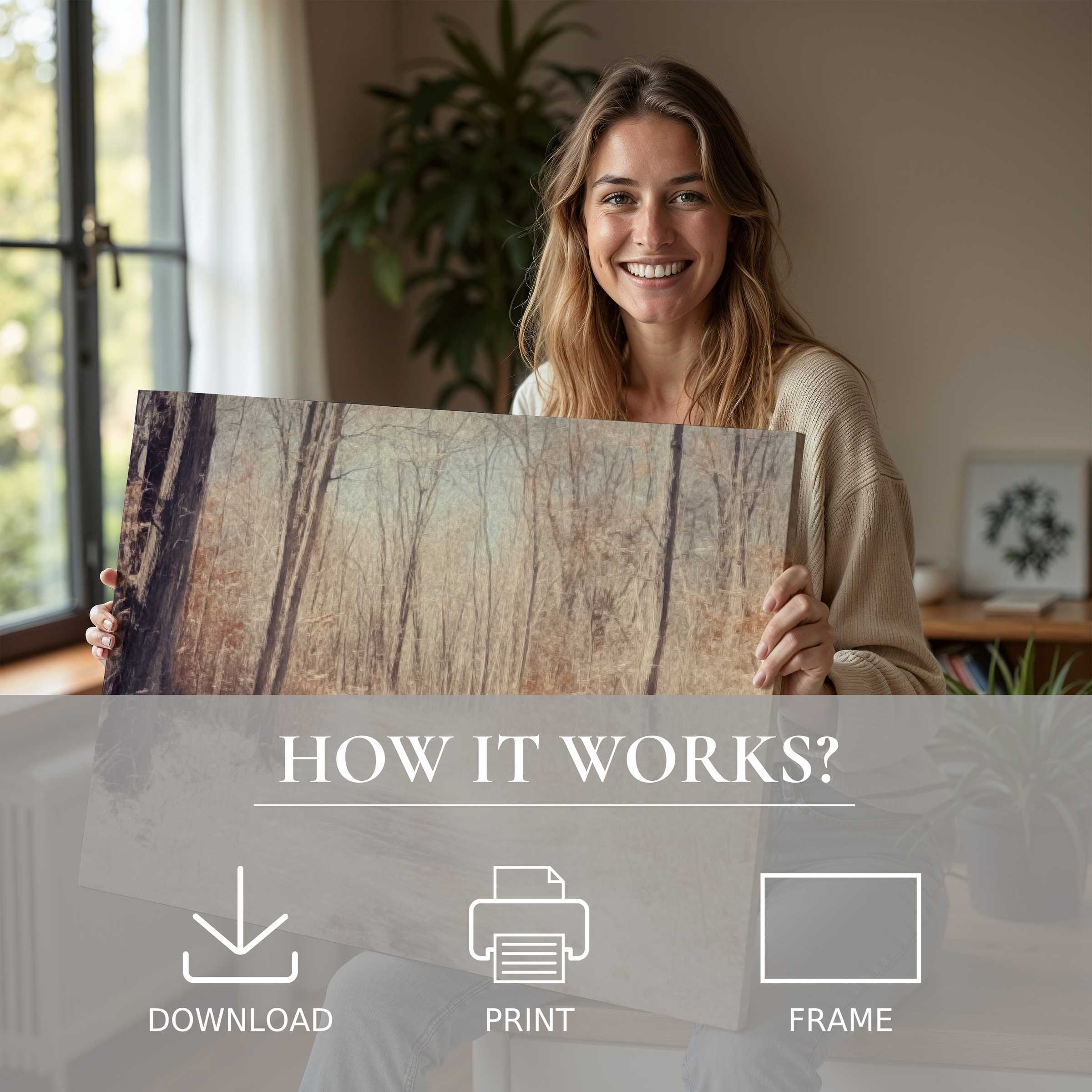 Radiant joy in a serene moment, connecting home and heart through a tree digital art print’s quiet beauty