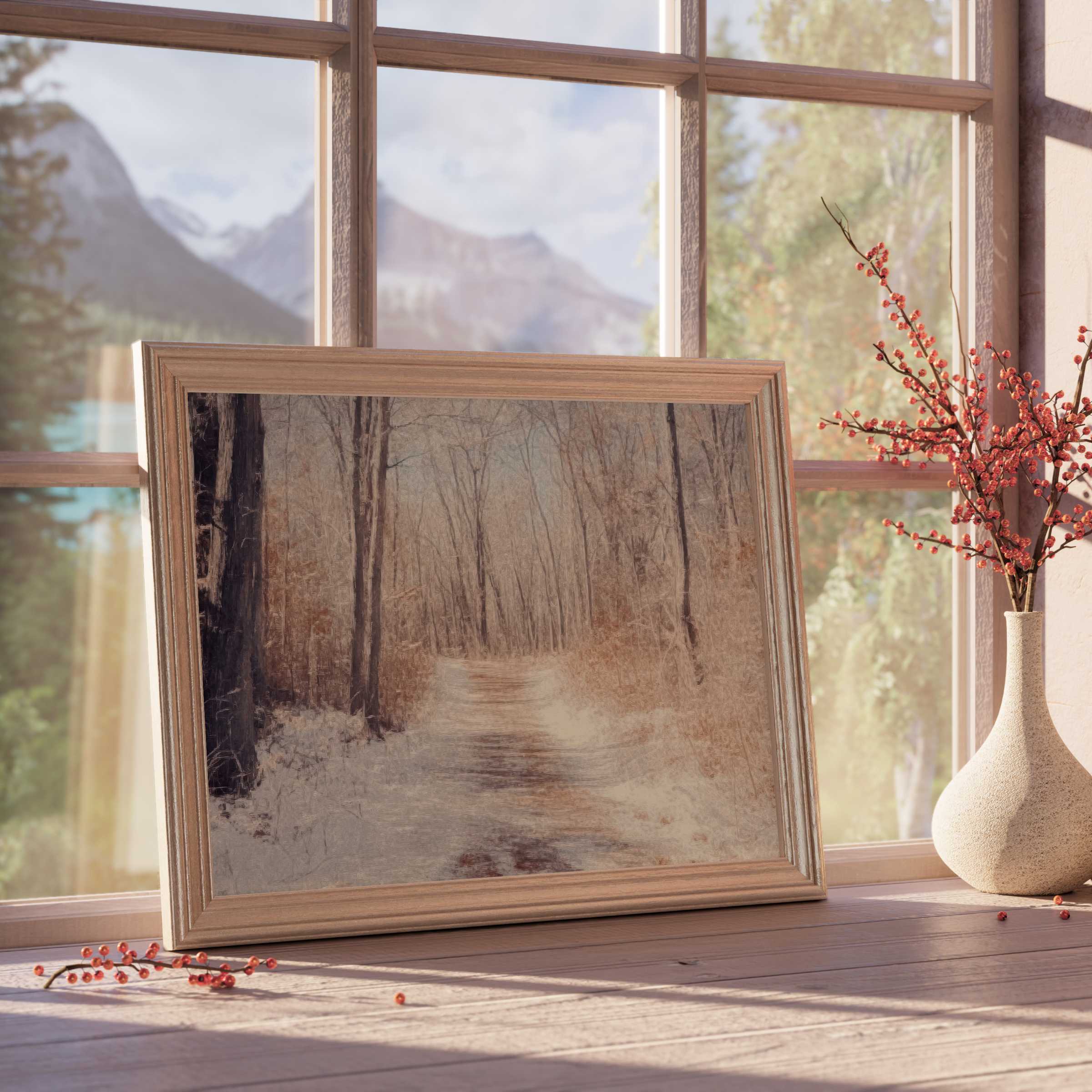 Elegant tree downloadable art capturing a serene winter woodland path, enhancing tranquil, curated modern interiors with warm natural hues