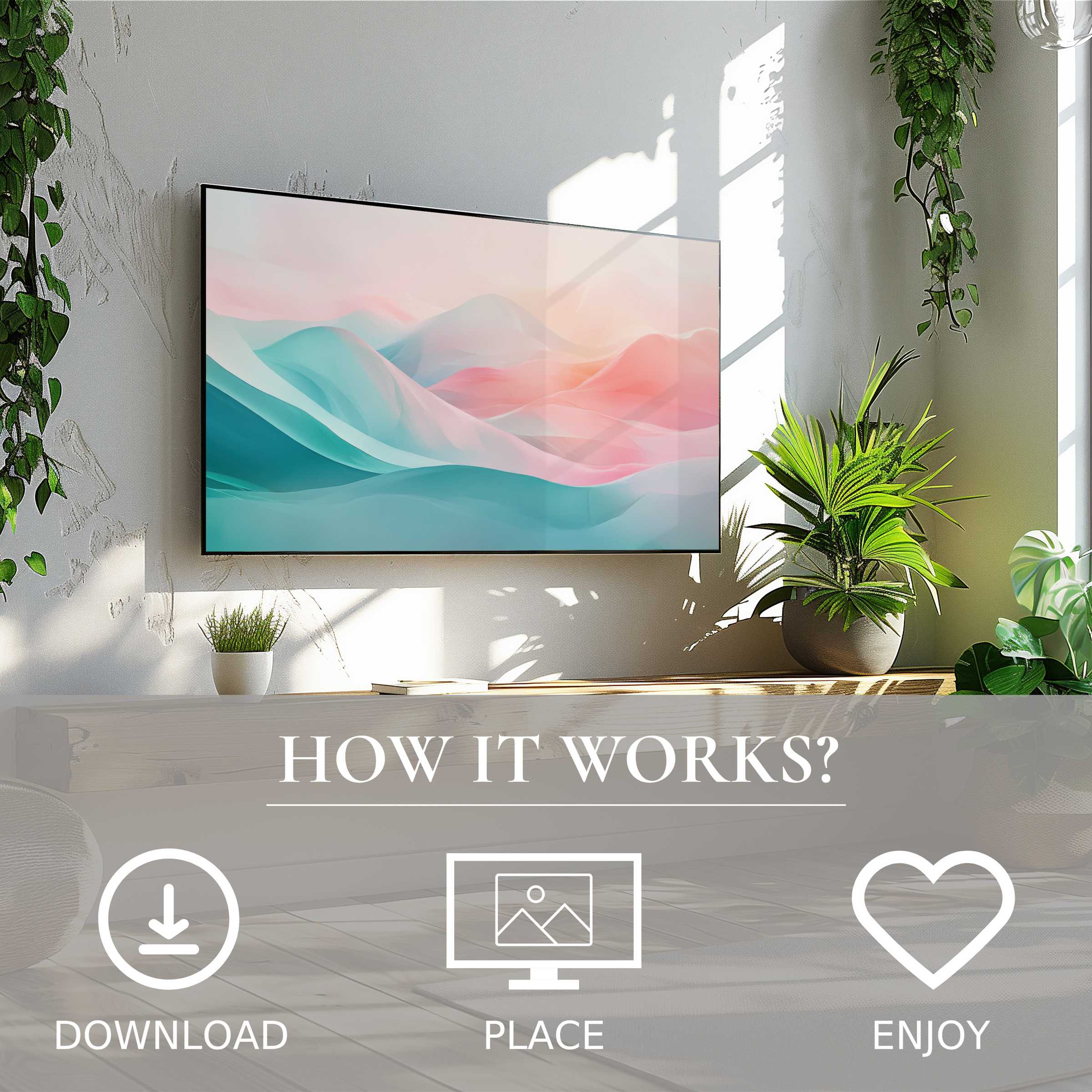 Modern art for Samsung TV featuring soft sunset tones, easy digital download, enriching and stylish living spaces