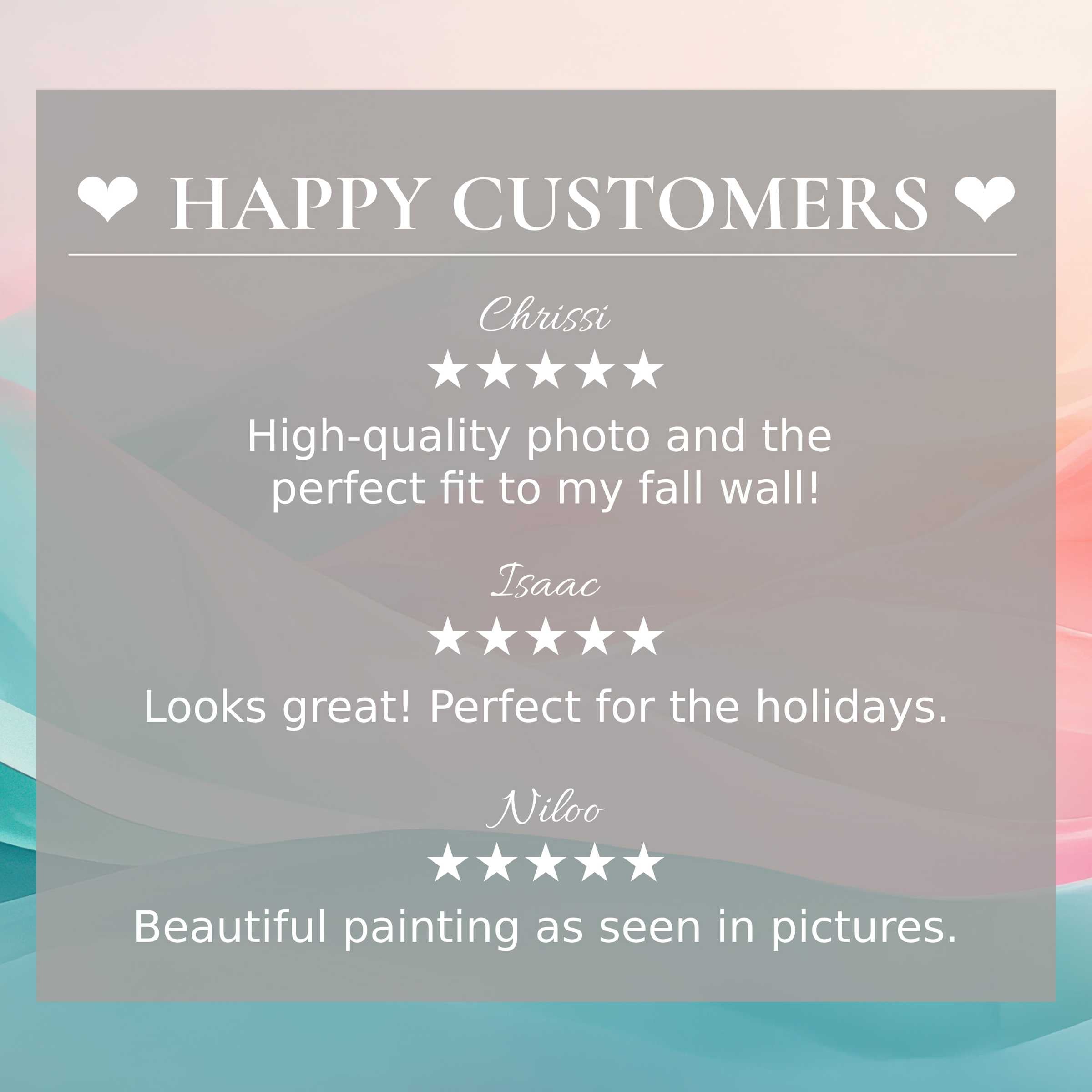 Modern art for Frame TV with abstract sunset colors, showcasing happy customer reviews and elegant trust-building layout