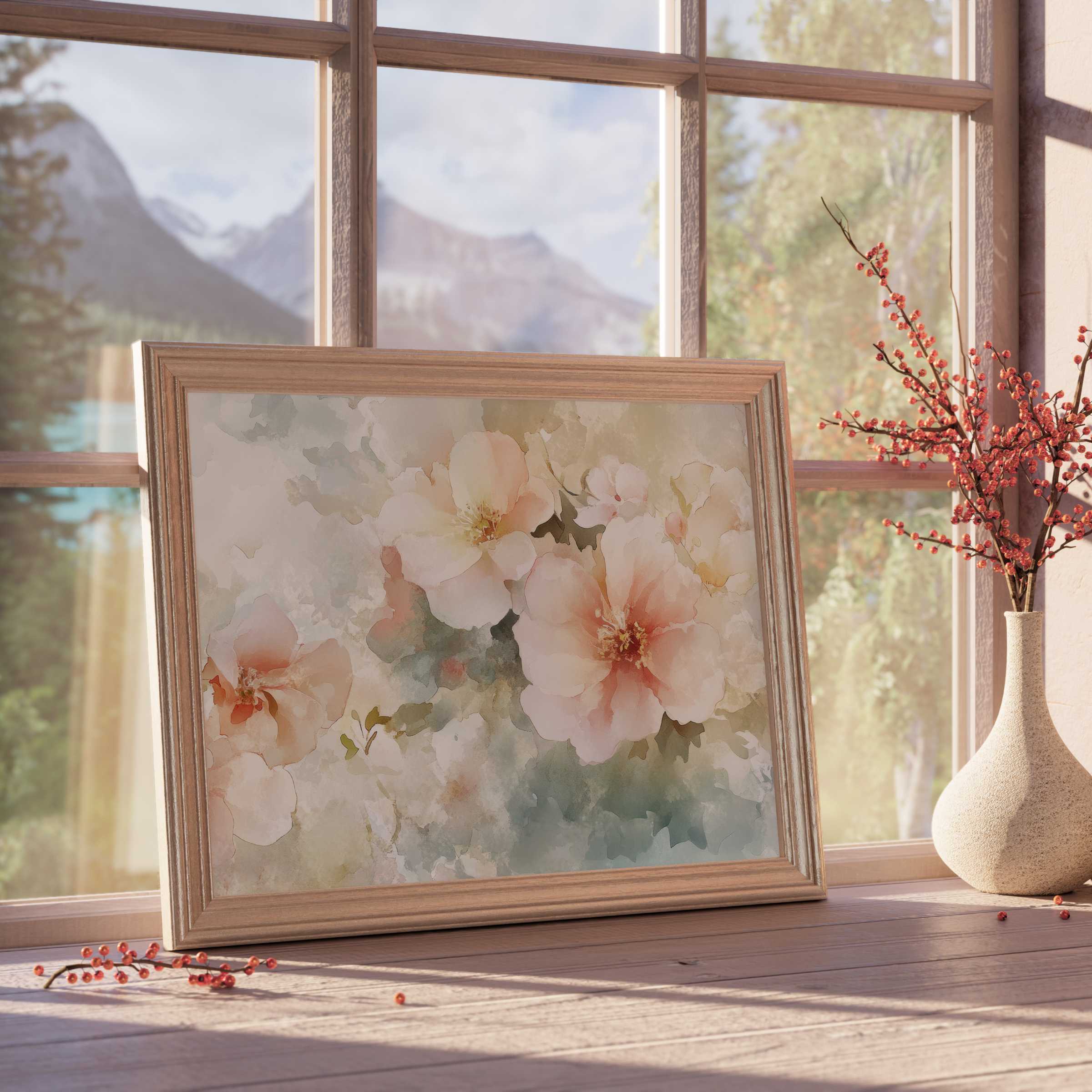 Soft peach and cream floral downloadable art capturing serene blooms in delicate watercolor hues, perfect for elegant, tranquil interiors