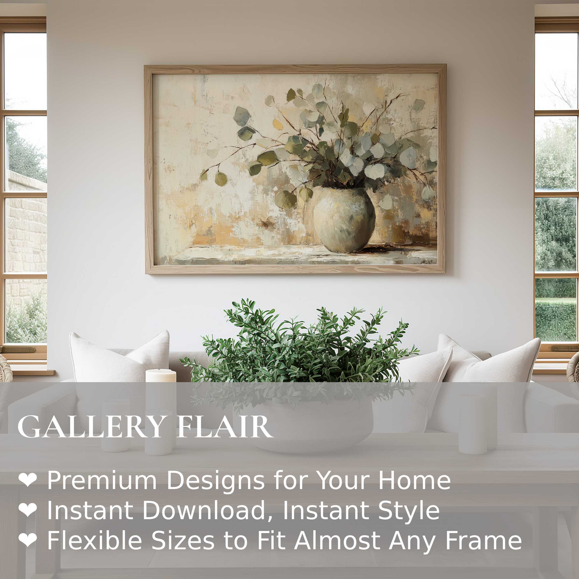 Botanical wall art print featuring soft eucalyptus tones in a calming, modern neutral living space, enhancing serene minimalist decor