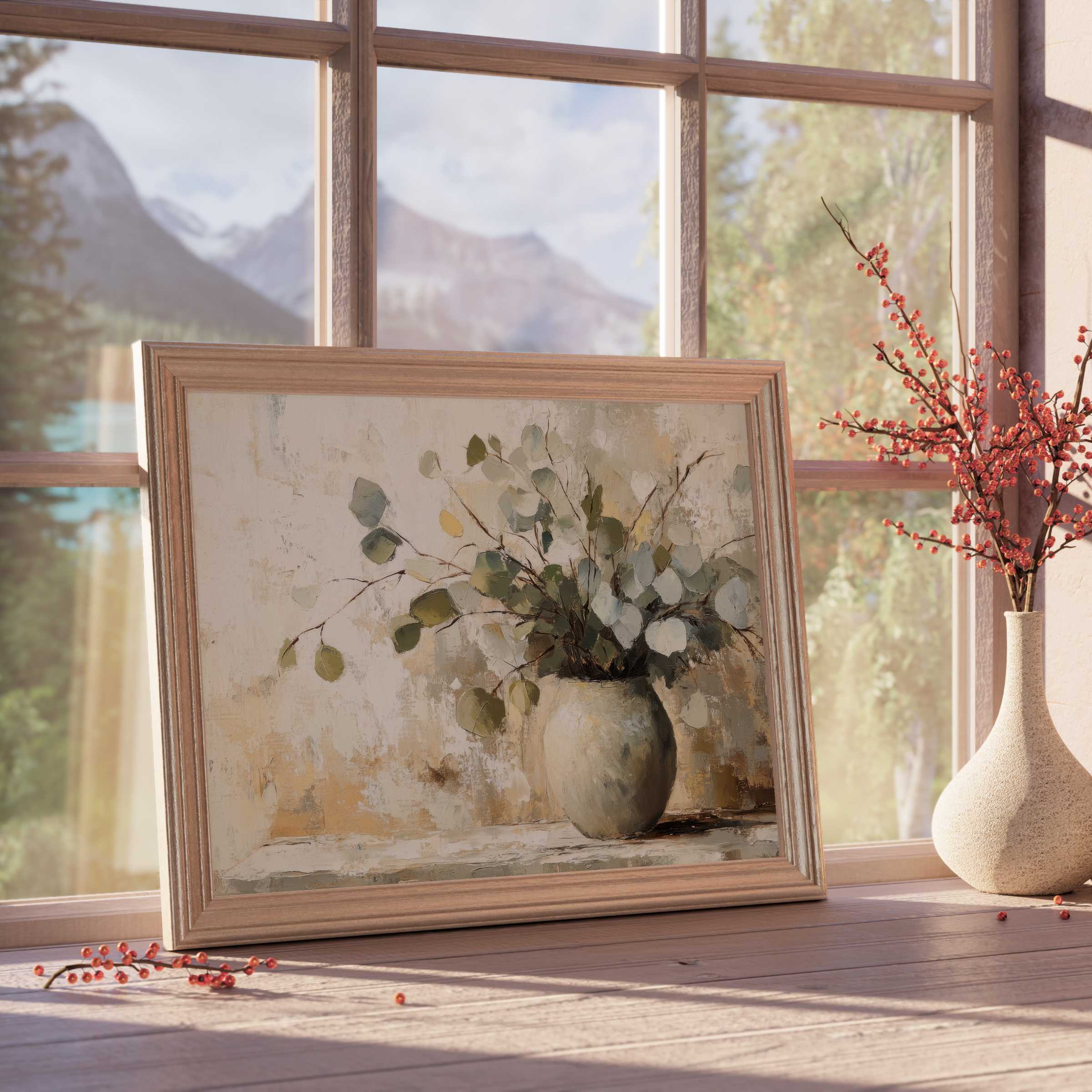 Botanical downloadable art capturing serene eucalyptus tones, enhancing tranquil, curated interiors with rustic charm and natural elegance