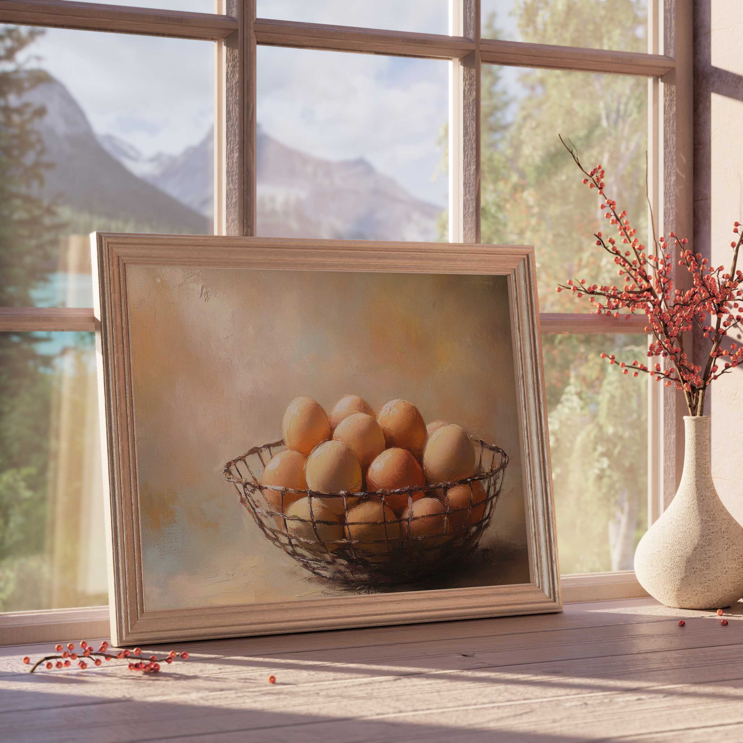 Farmhouse downloadable art capturing warm, rustic charm with a basket of eggs, perfect for serene, curated interiors