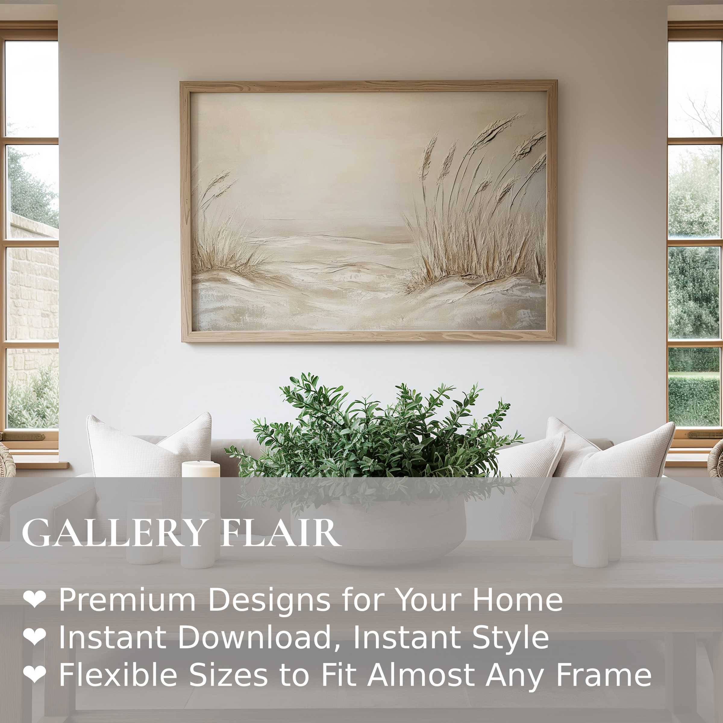 Coastal wall art print featuring soft, sandy dunes and gentle grasses in a serene, calming palette enhances modern minimal interiors with natural elegance