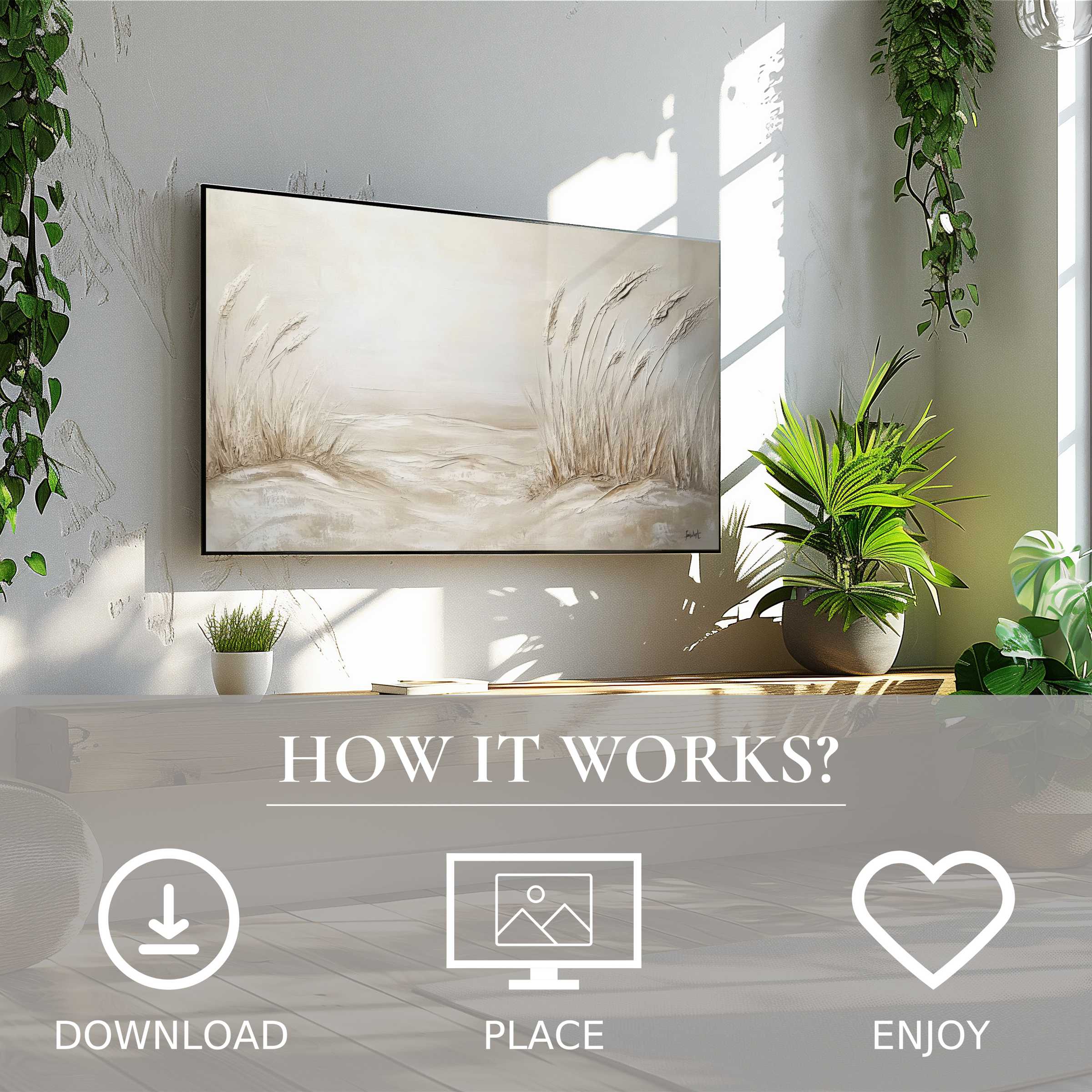 Coastal art for Samsung TV with soft beige dunes motif, easy digital download, enhancing modern living spaces