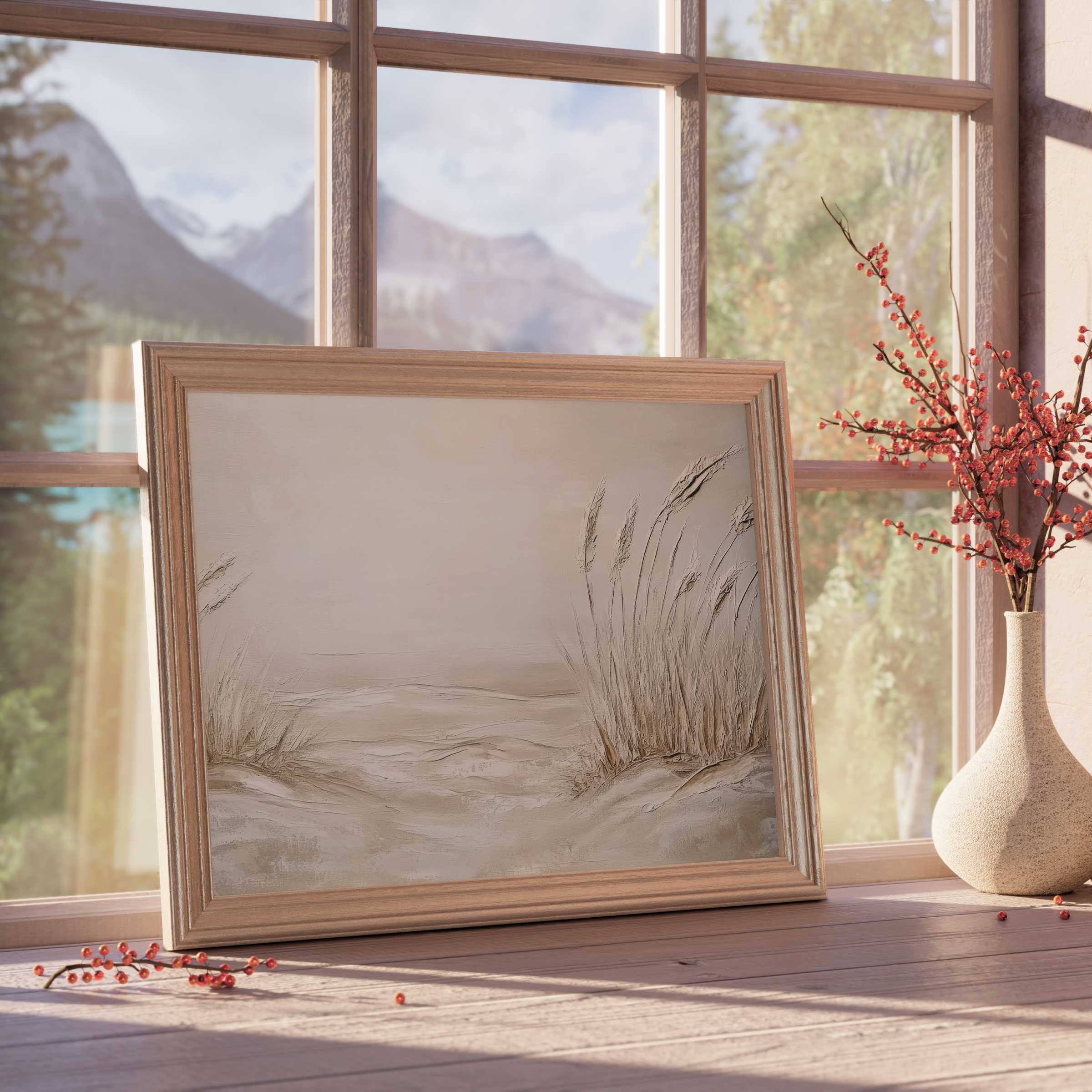 Coastal downloadable art with serene dune grasses in soft neutrals, elevating calm, curated interiors with natural elegance