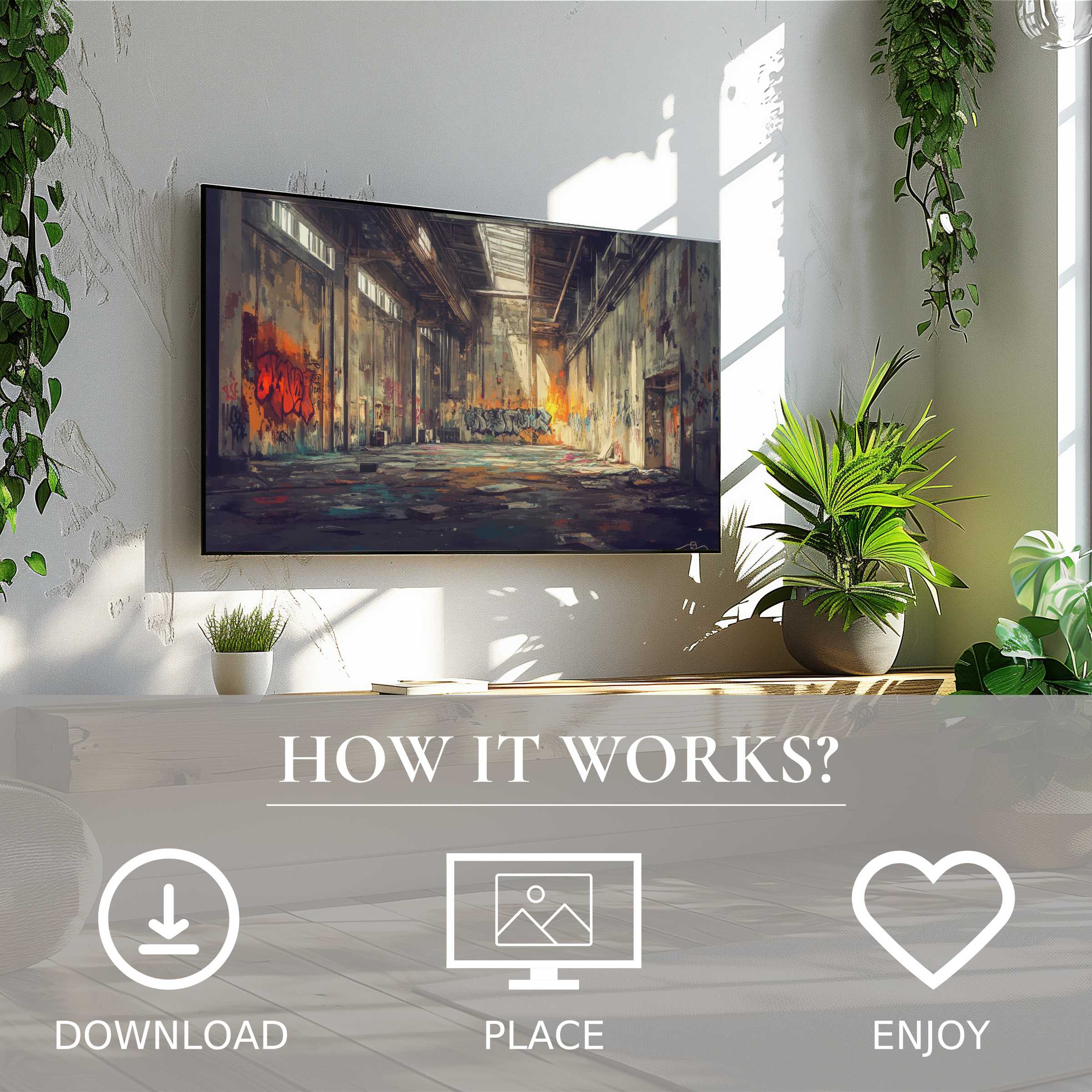 Urban art for Samsung TV showing vibrant graffiti in an industrial space, easy digital download enriches any modern living room