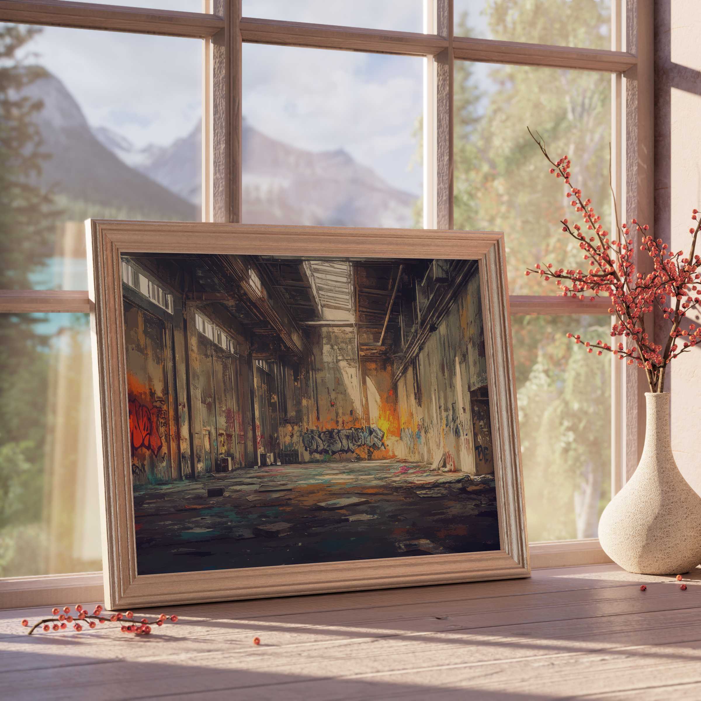 Urban downloadable art capturing vibrant graffiti and textured decay, elevating curated, tranquil interiors with bold industrial elegance
