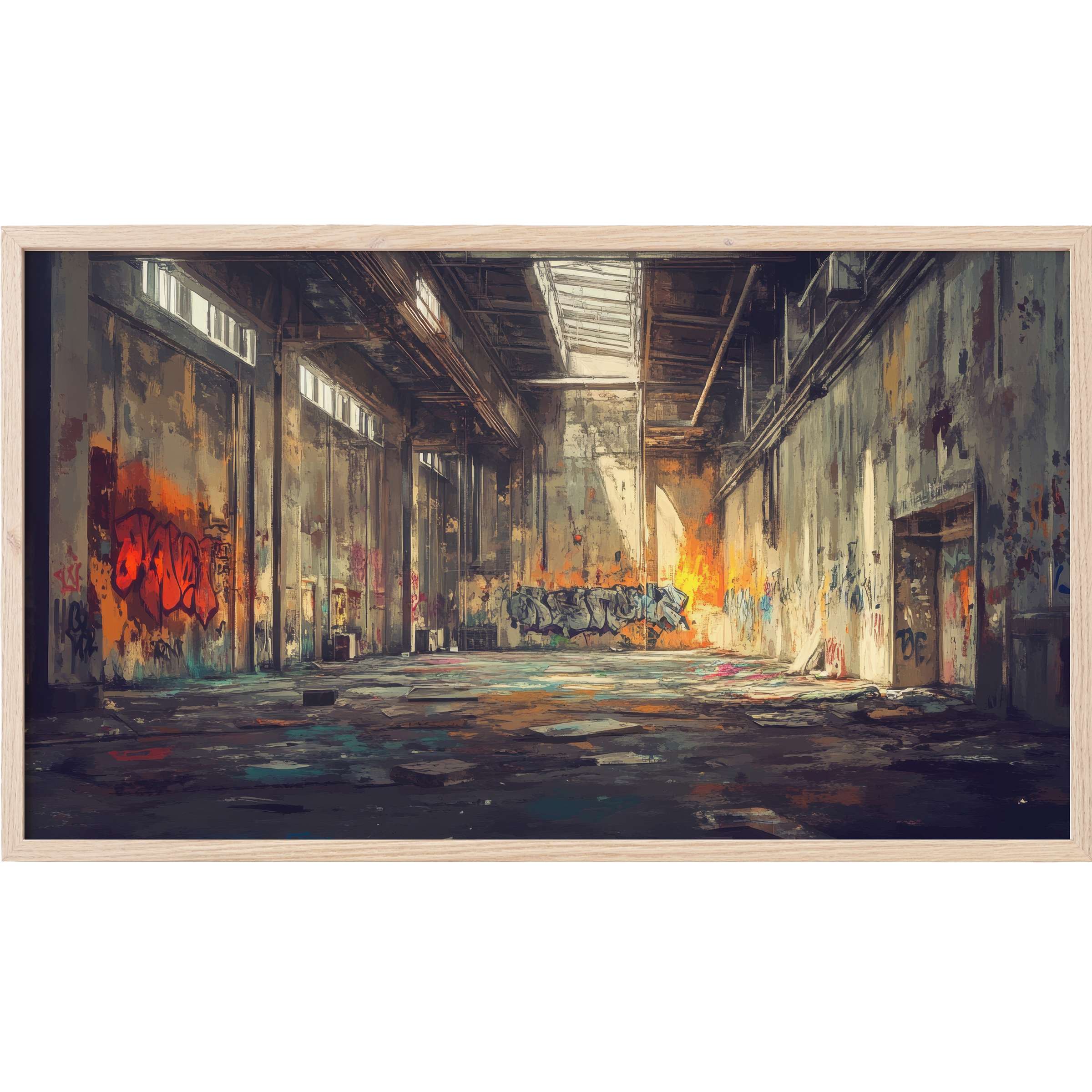 Urban Frame TV Art showcases a moody, textured industrial ruin with warm orange and cool blue tones