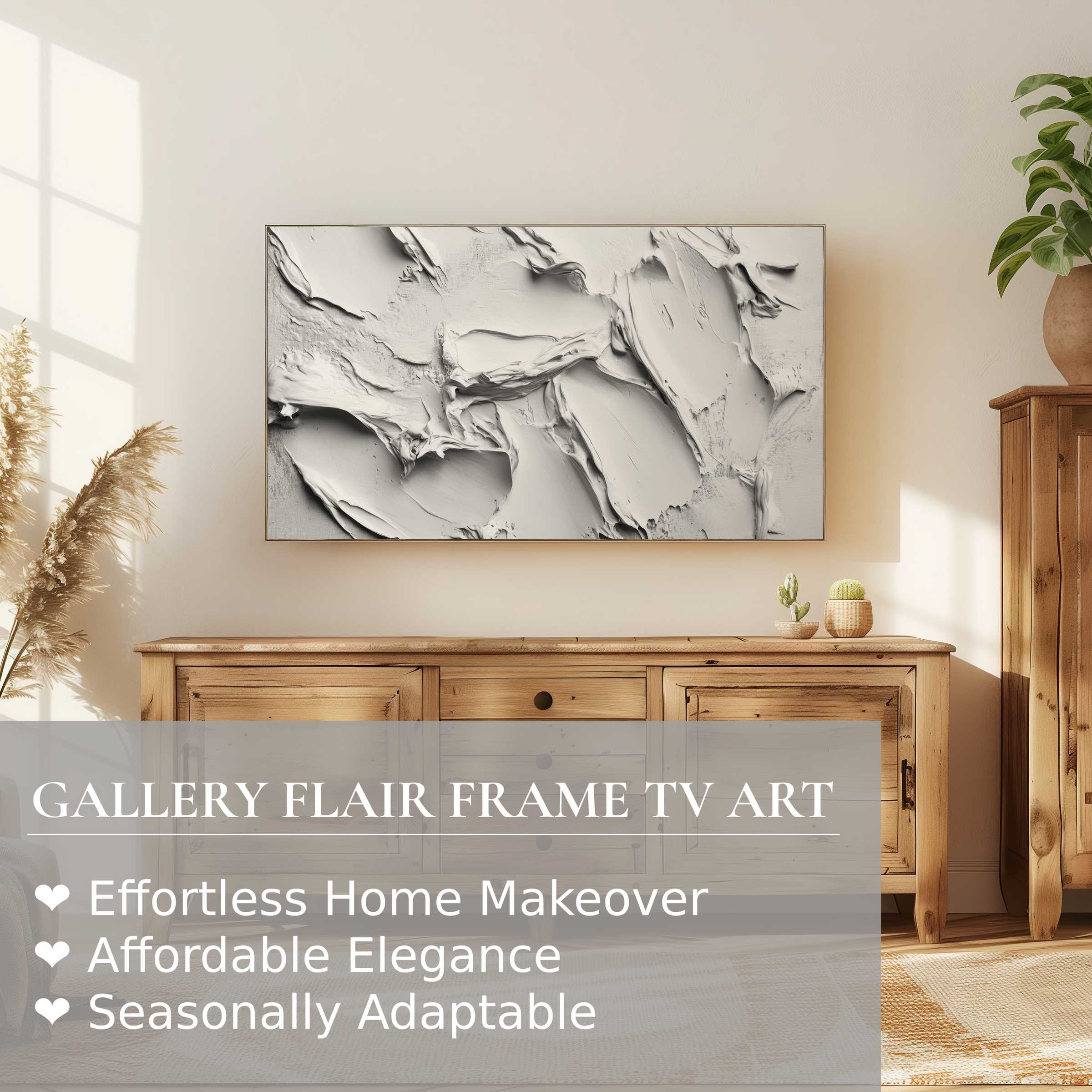 Samsung Frame TV showcasing neutral digital artwork in a serene, modern living space with warm wood tones