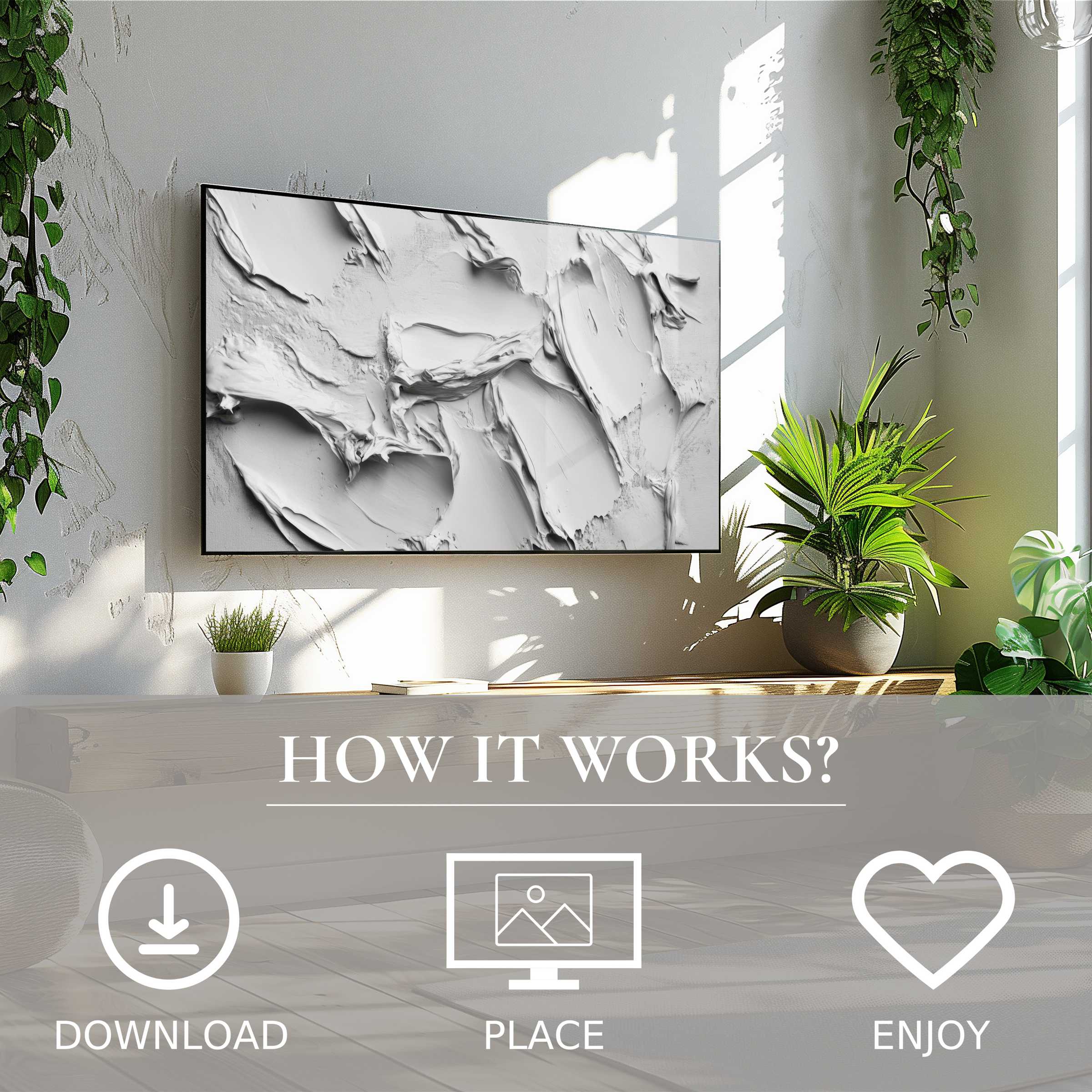 Neutral art for Samsung TV showing textured white plaster motif, easy digital download enriches modern living spaces