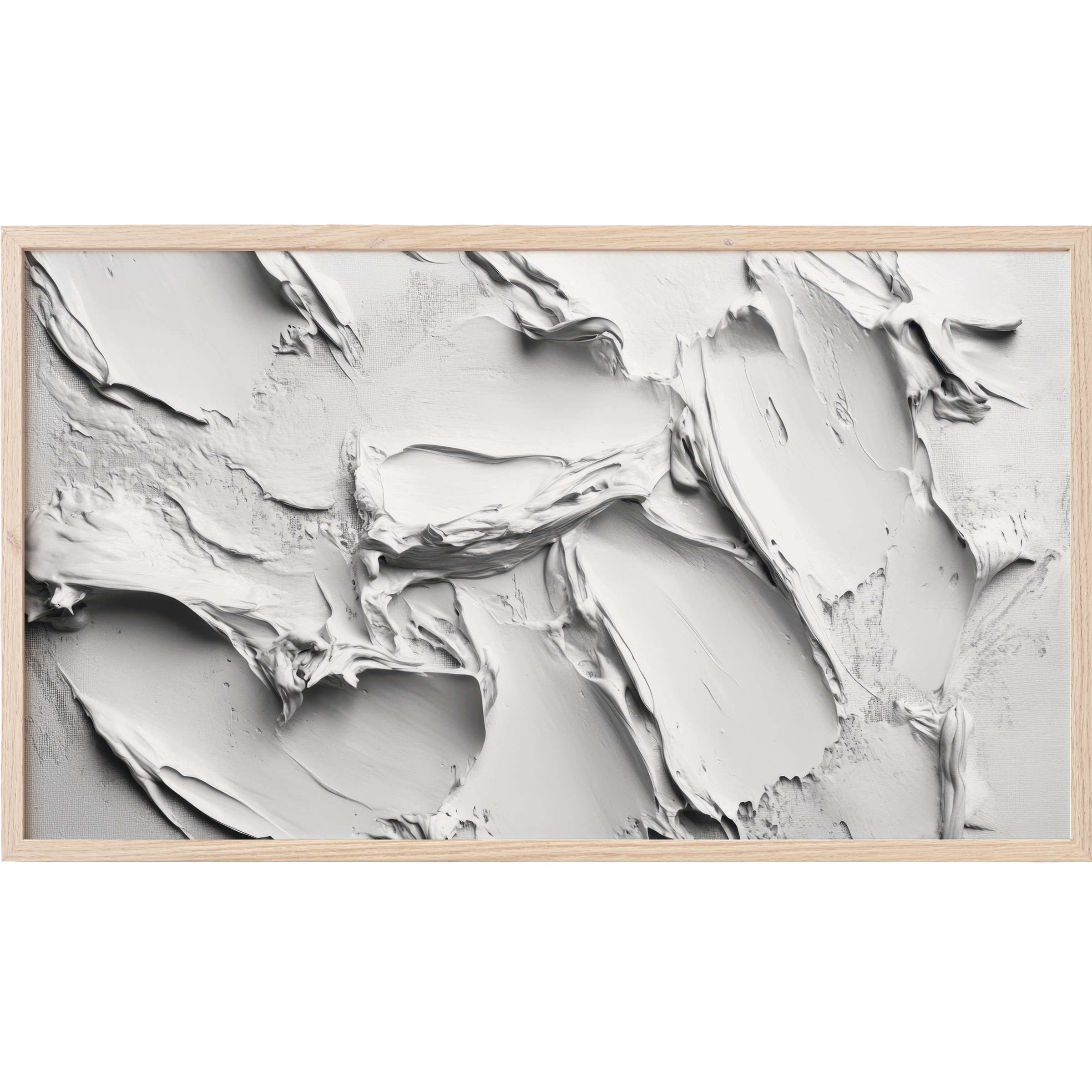 Neutral Frame TV Art with textured white and gray abstract brushstrokes in a minimalist wooden frame