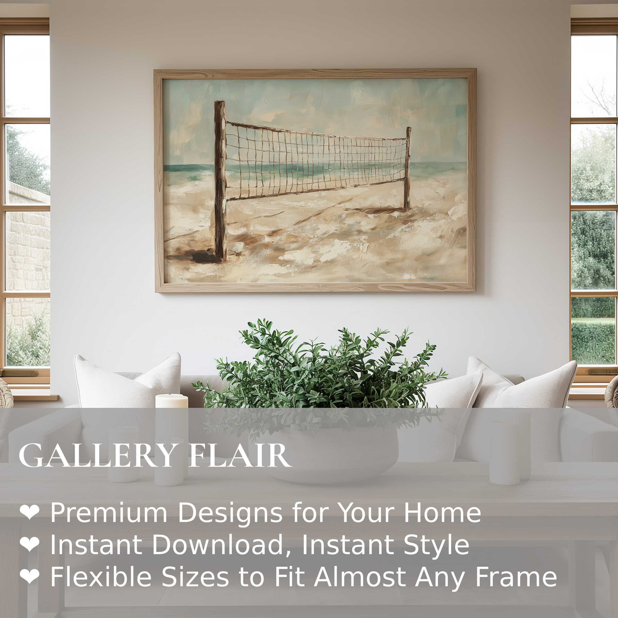 Calming beach wall art print featuring a serene seaside volleyball net in soft, natural tones, enhancing modern coastal interiors with tranquil, airy elegance