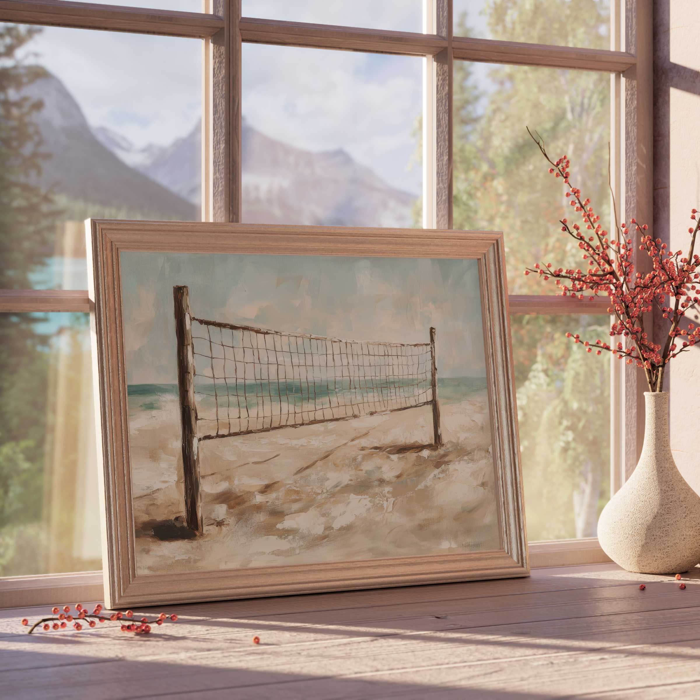 Serene beach downloadable art capturing a sunlit sandy volleyball net, infusing tranquil, curated coastal charm into elegant interiors