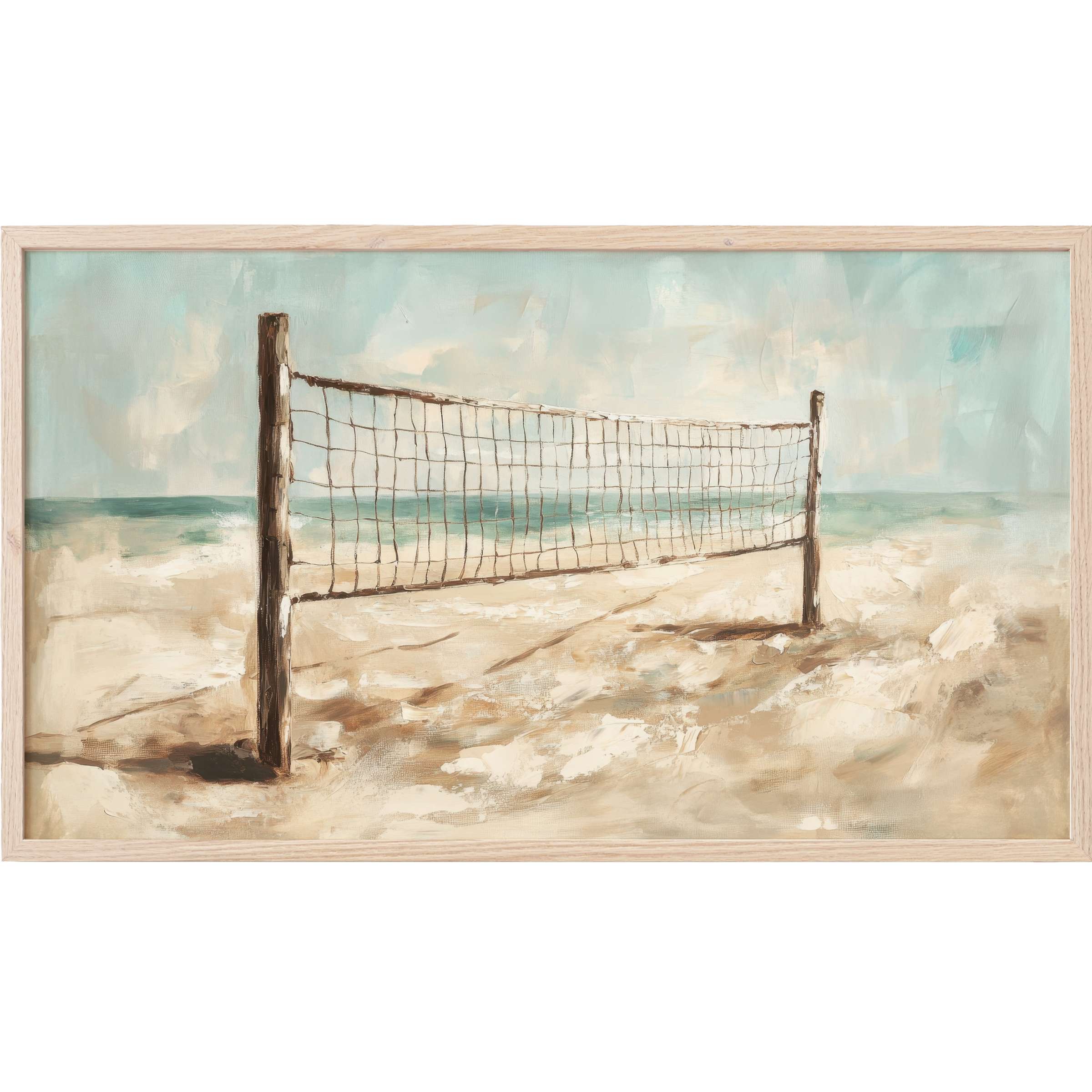 Serene beach scene with soft blues and sandy tones, featuring a rustic volleyball net, beach Frame TV Art