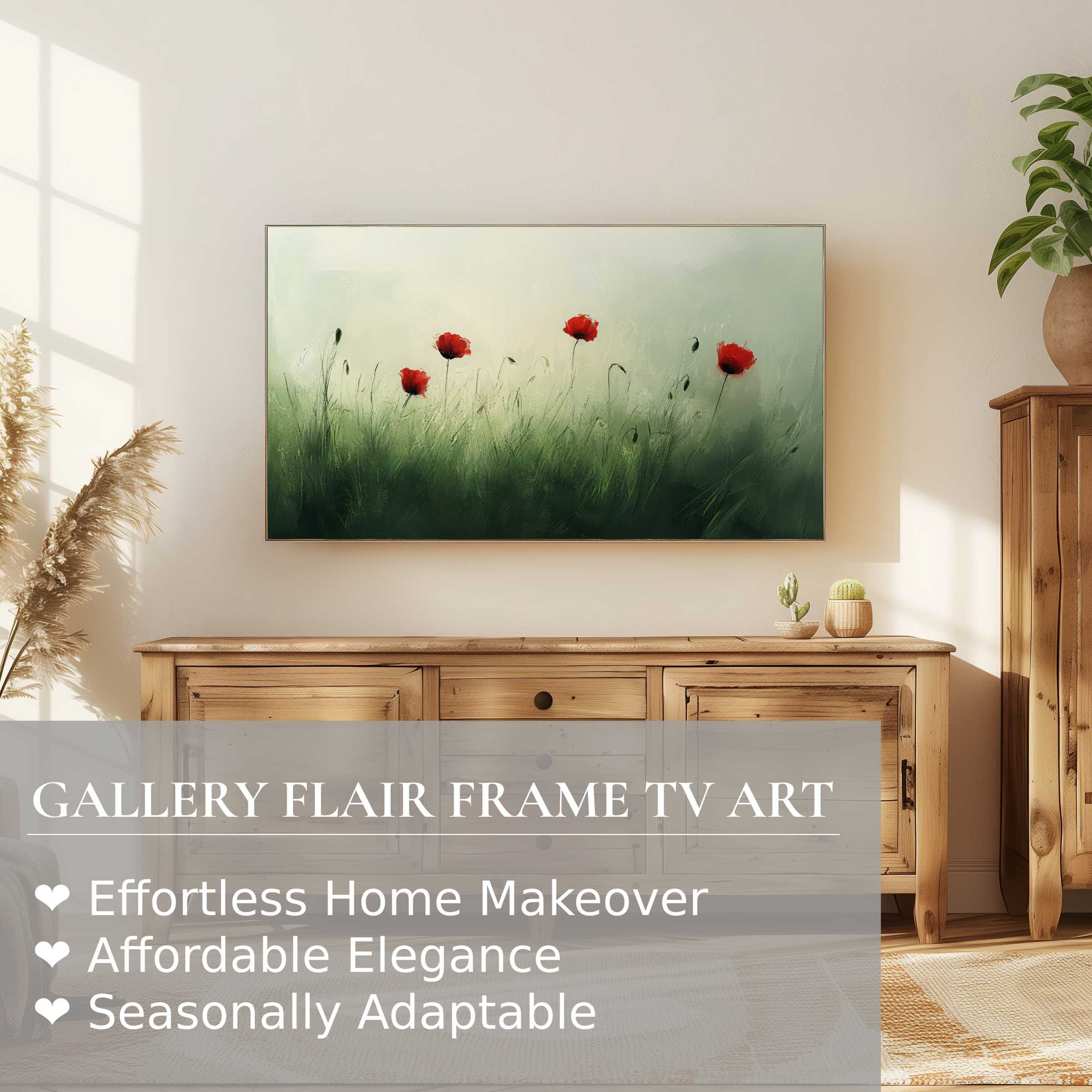 Samsung Frame TV displays refined spring digital artwork of delicate red poppies in an elegant modern living space