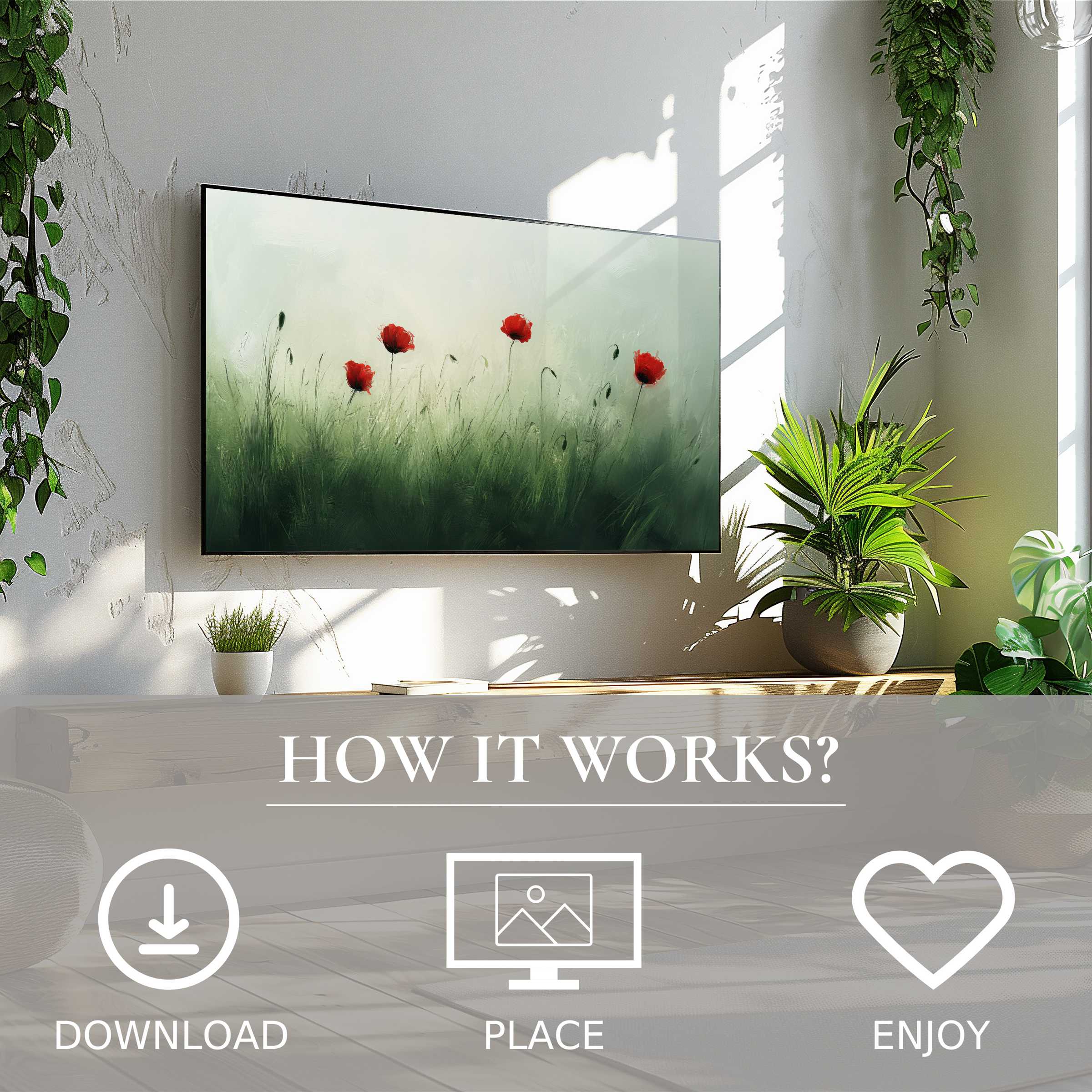 Modern living room with easy digital download; spring art for Samsung TV shows soft green color flow with poppy motif