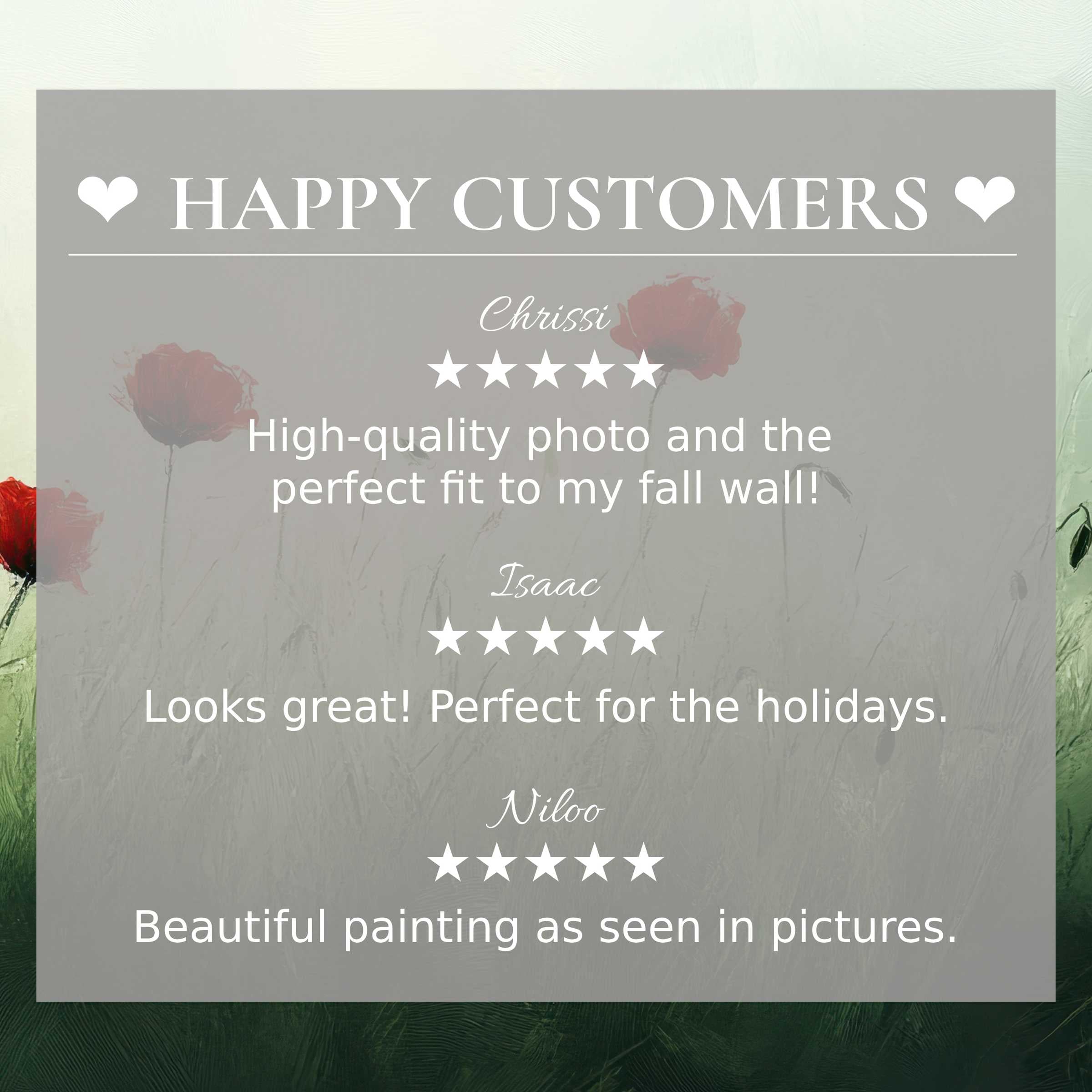 spring art for Frame TV with abstract red poppies; happy customer reviews build trust and highlight elegance